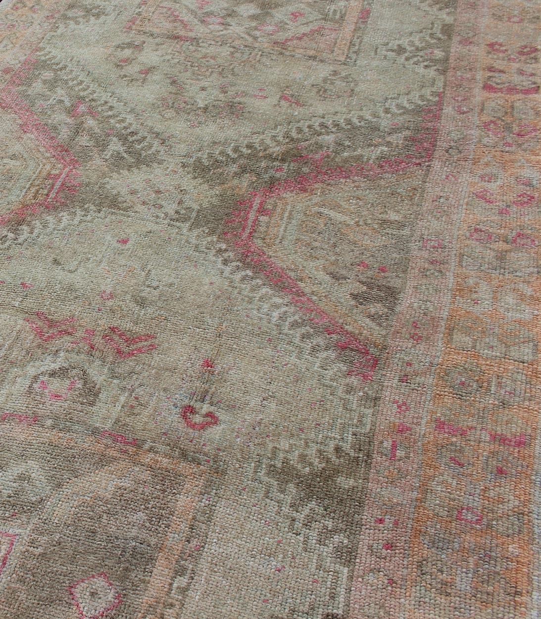 Turkish Oushak Gallery Runner with Soft Sage Green, Rosewood Pink, Soft Taupe For Sale 3
