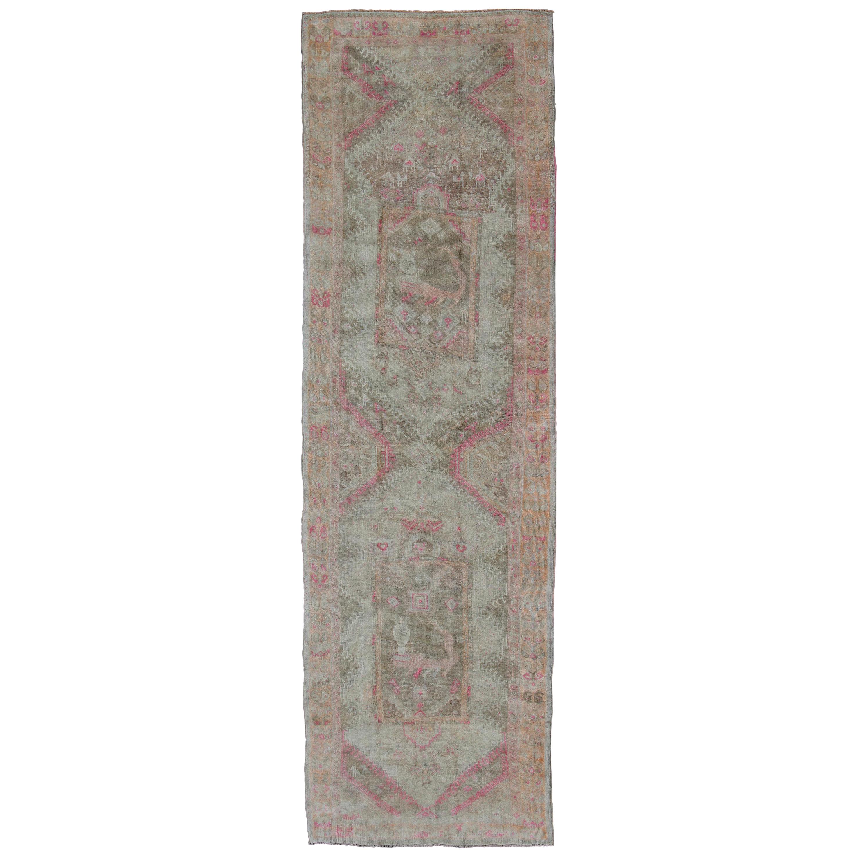 Long & Wide Runner with Medallion Design in Green, Purple, Gray, Orange & Nude For Sale