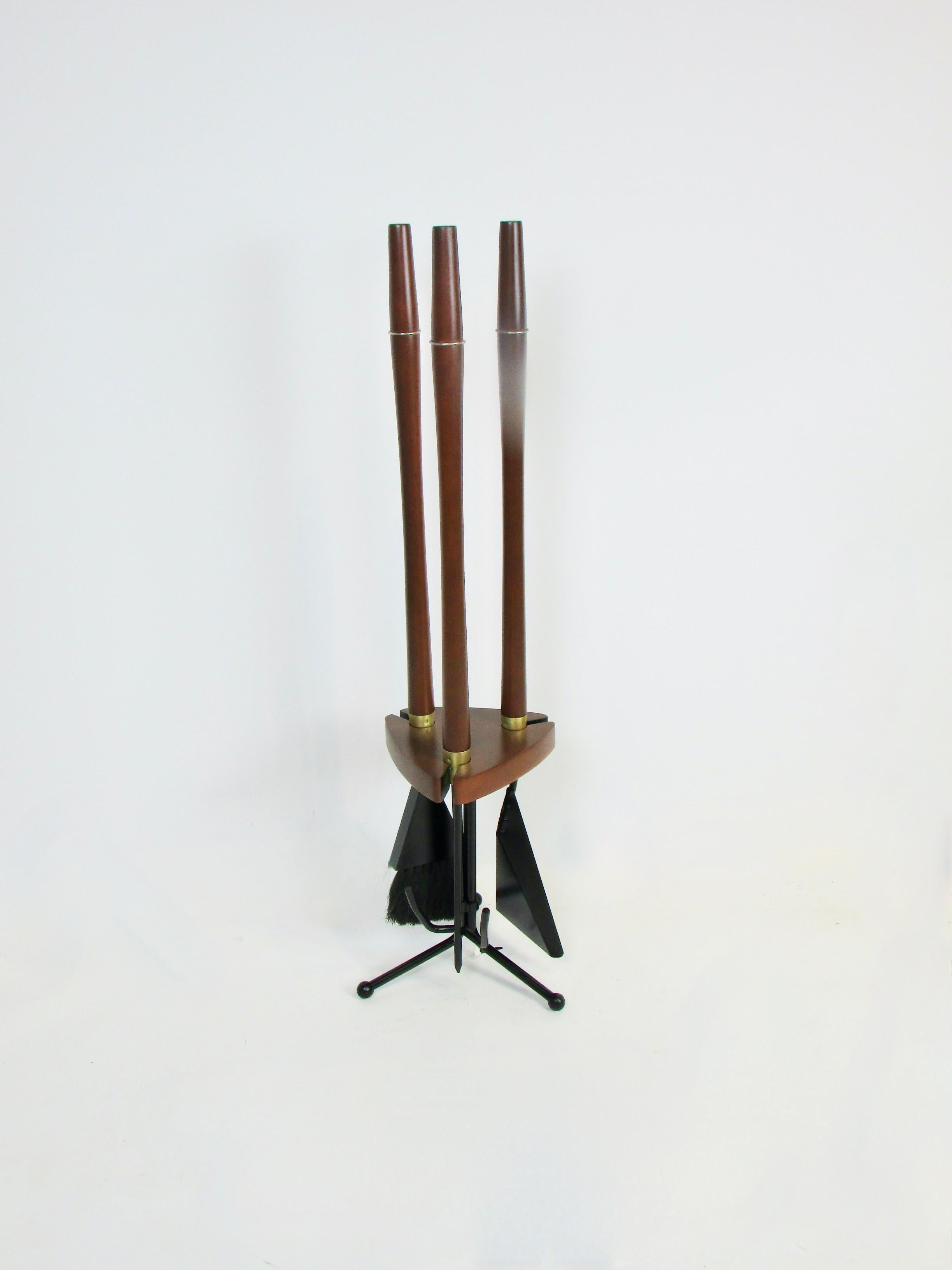 American Long Wood Handle Modernist Fire Tools in Stand For Sale