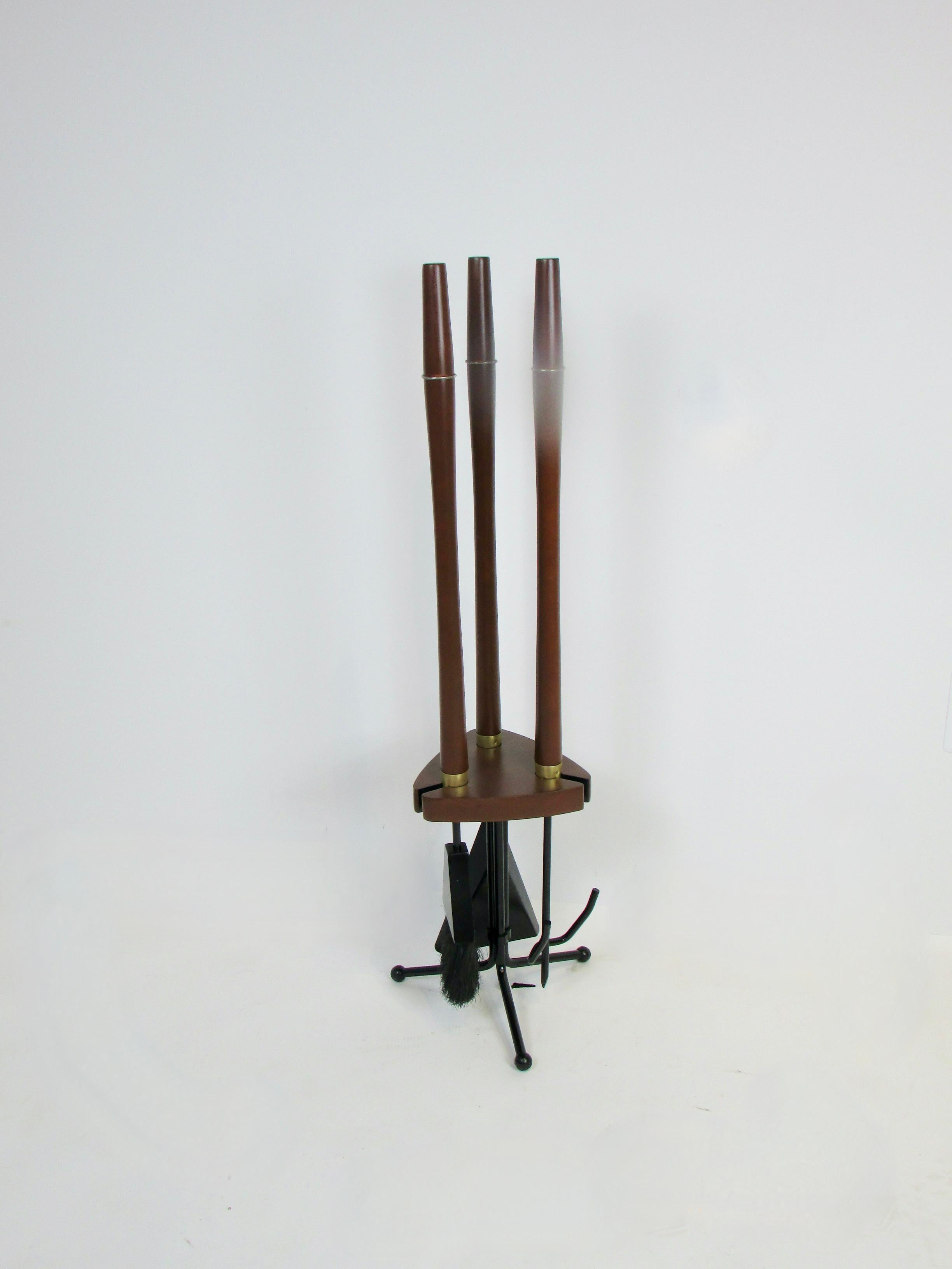 Lacquered Long Wood Handle Modernist Fire Tools in Stand For Sale