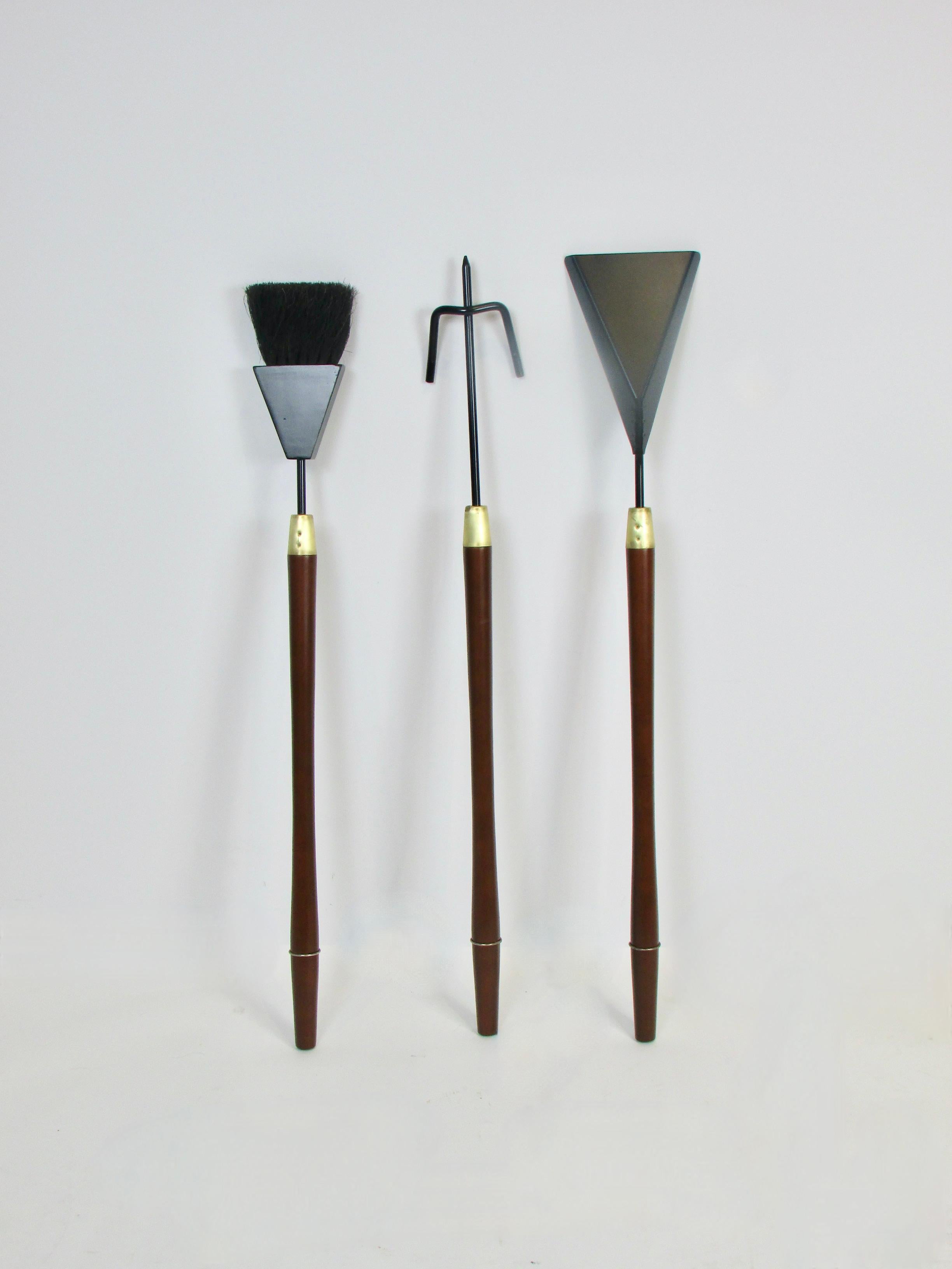 20th Century Long Wood Handle Modernist Fire Tools in Stand For Sale
