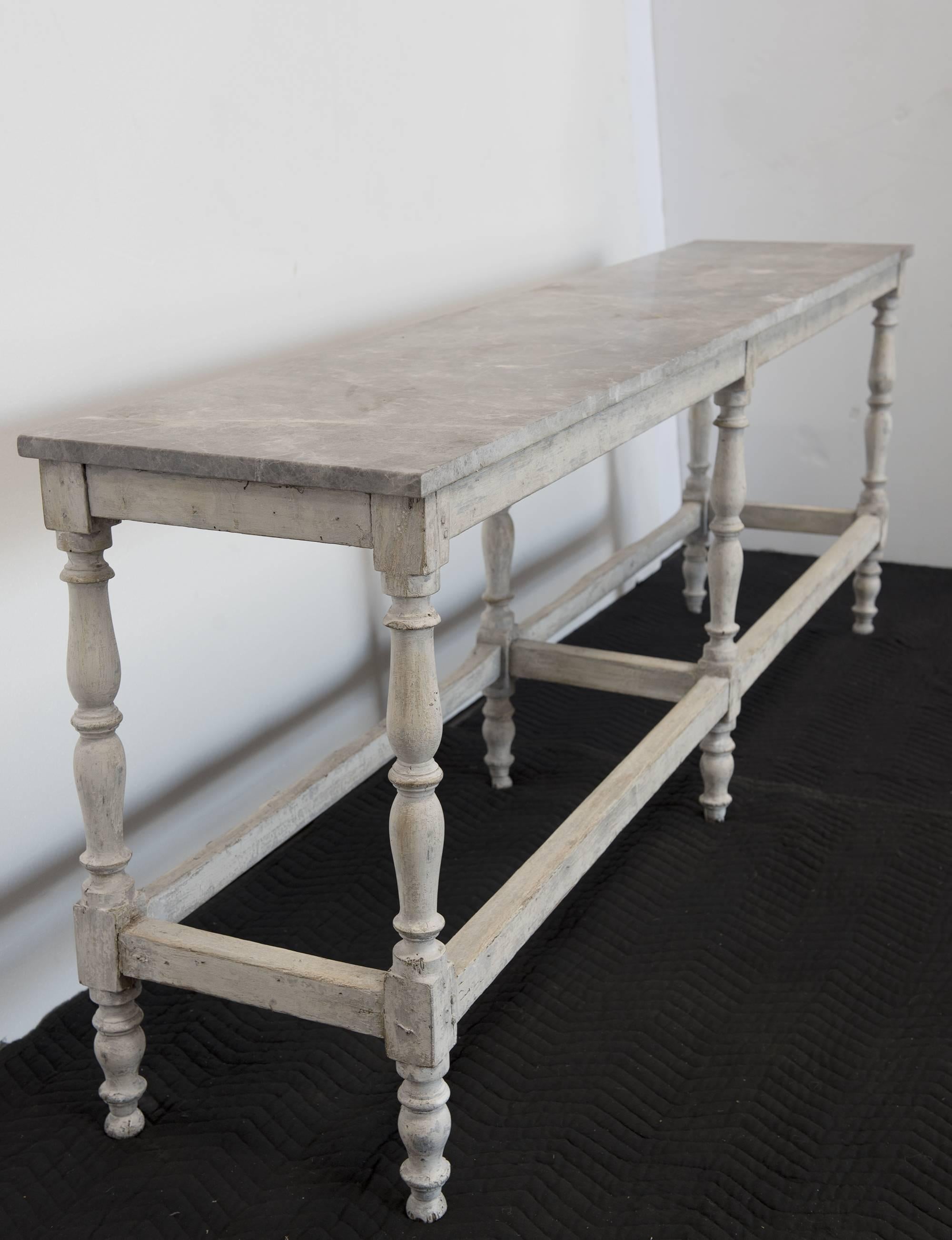 French Provincial Long Wooden Table with Marble Top