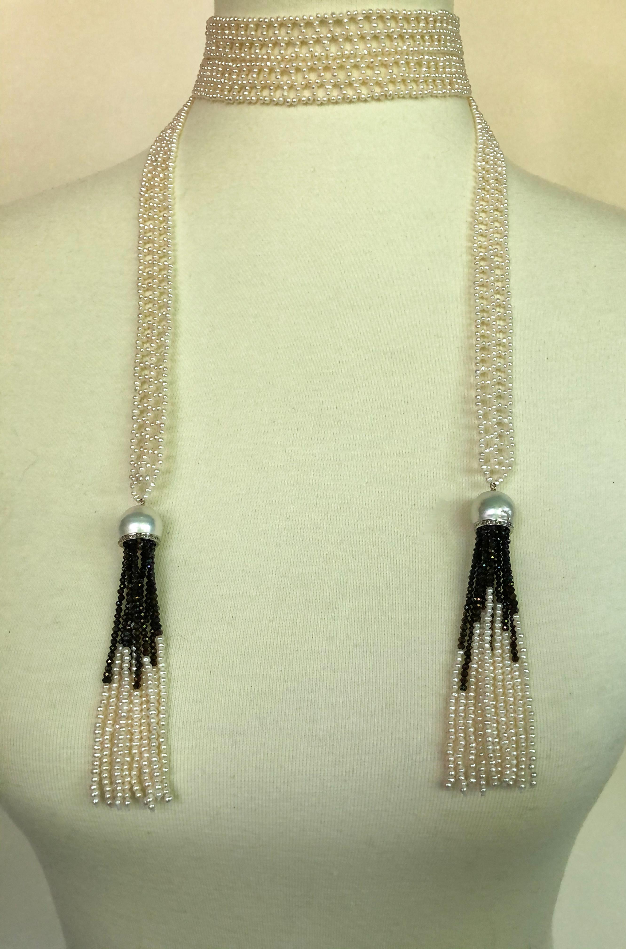 Marina J Woven Seed Pearl Sautoir with Black Spinel & Diamond-Encrusted Tassels 10