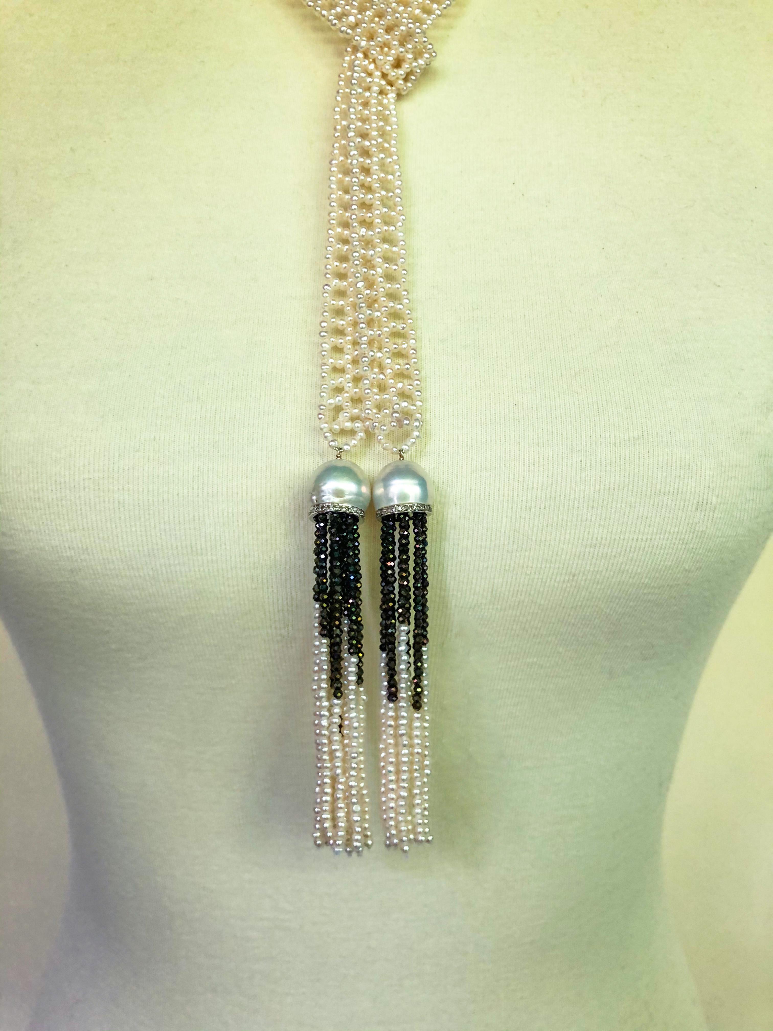 Marina J Woven Seed Pearl Sautoir with Black Spinel & Diamond-Encrusted Tassels 6