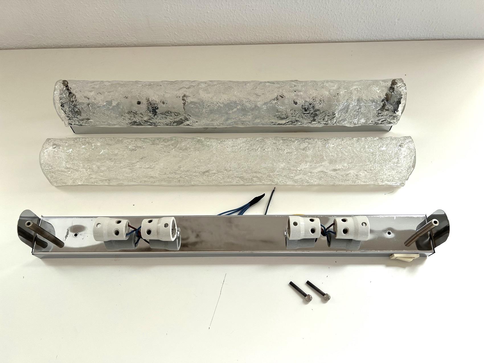 Long XL Ice Glass Wall Sconces in Textured Murano Glass by Hillebrand, 1970 3