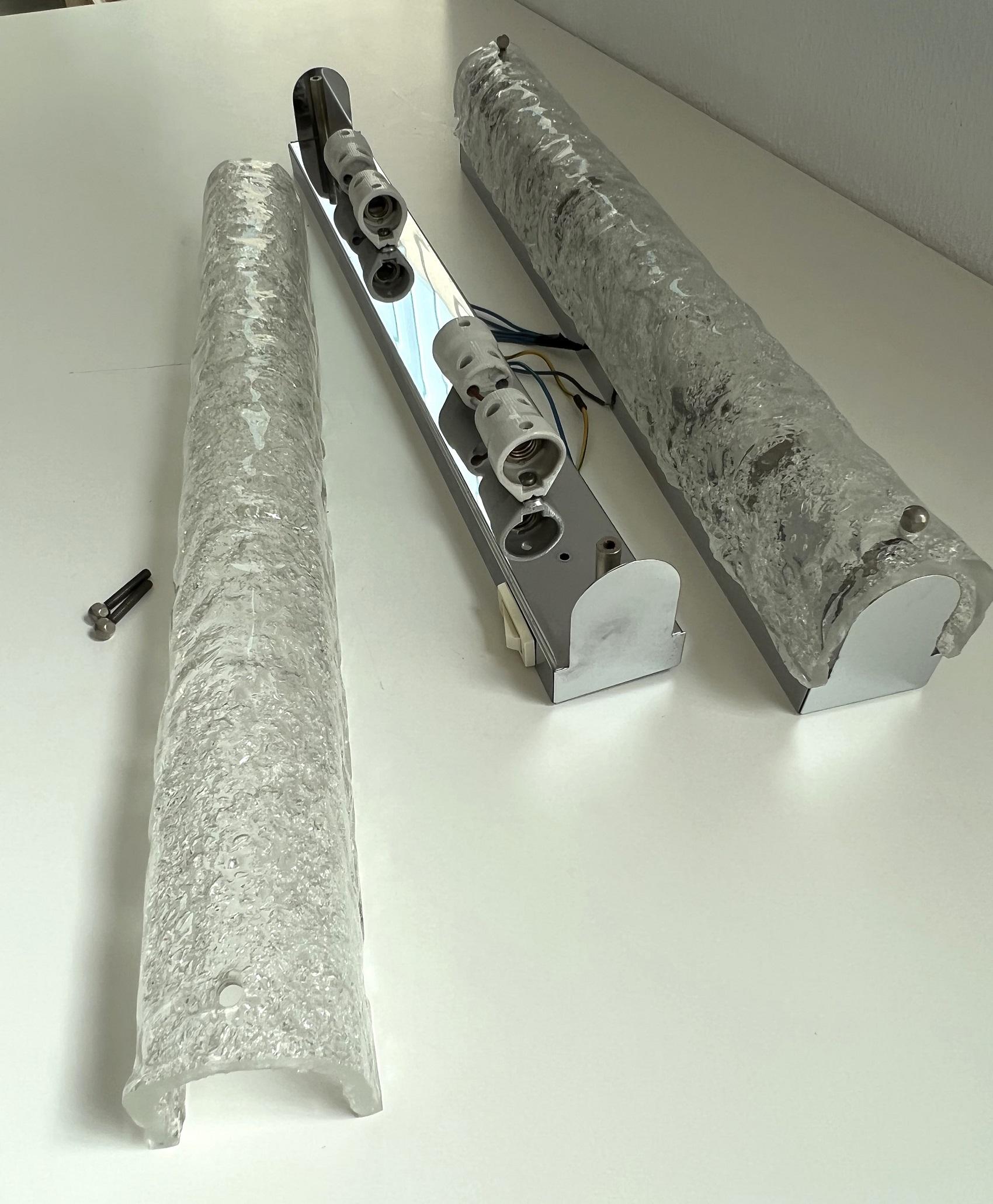Long XL Ice Glass Wall Sconces in Textured Murano Glass by Hillebrand, 1970 6
