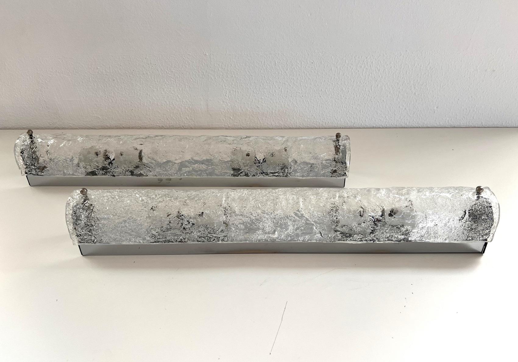 German Long XL Ice Glass Wall Sconces in Textured Murano Glass by Hillebrand, 1970