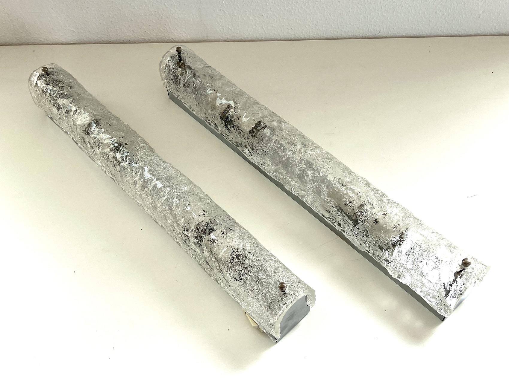 Late 20th Century Long XL Ice Glass Wall Sconces in Textured Murano Glass by Hillebrand, 1970