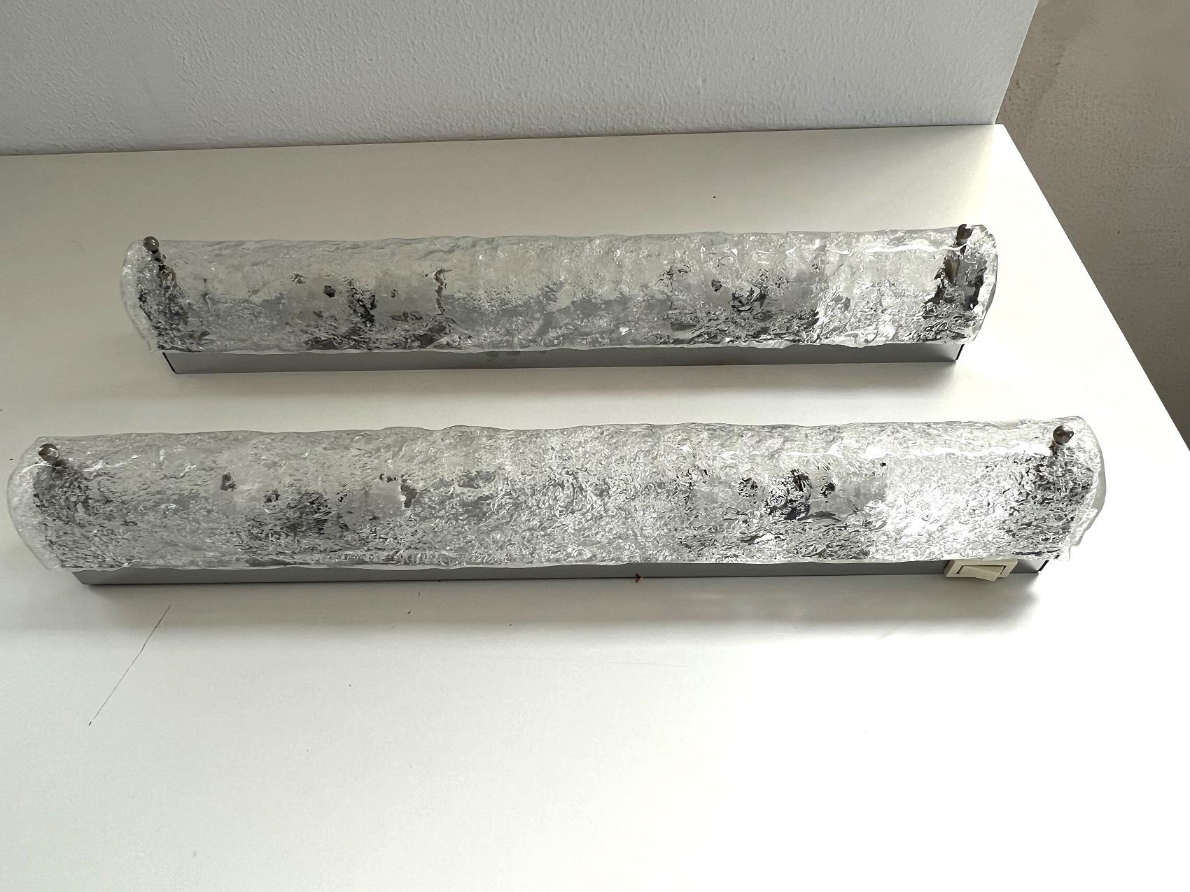 Metal Long XL Ice Glass Wall Sconces in Textured Murano Glass by Hillebrand, 1970