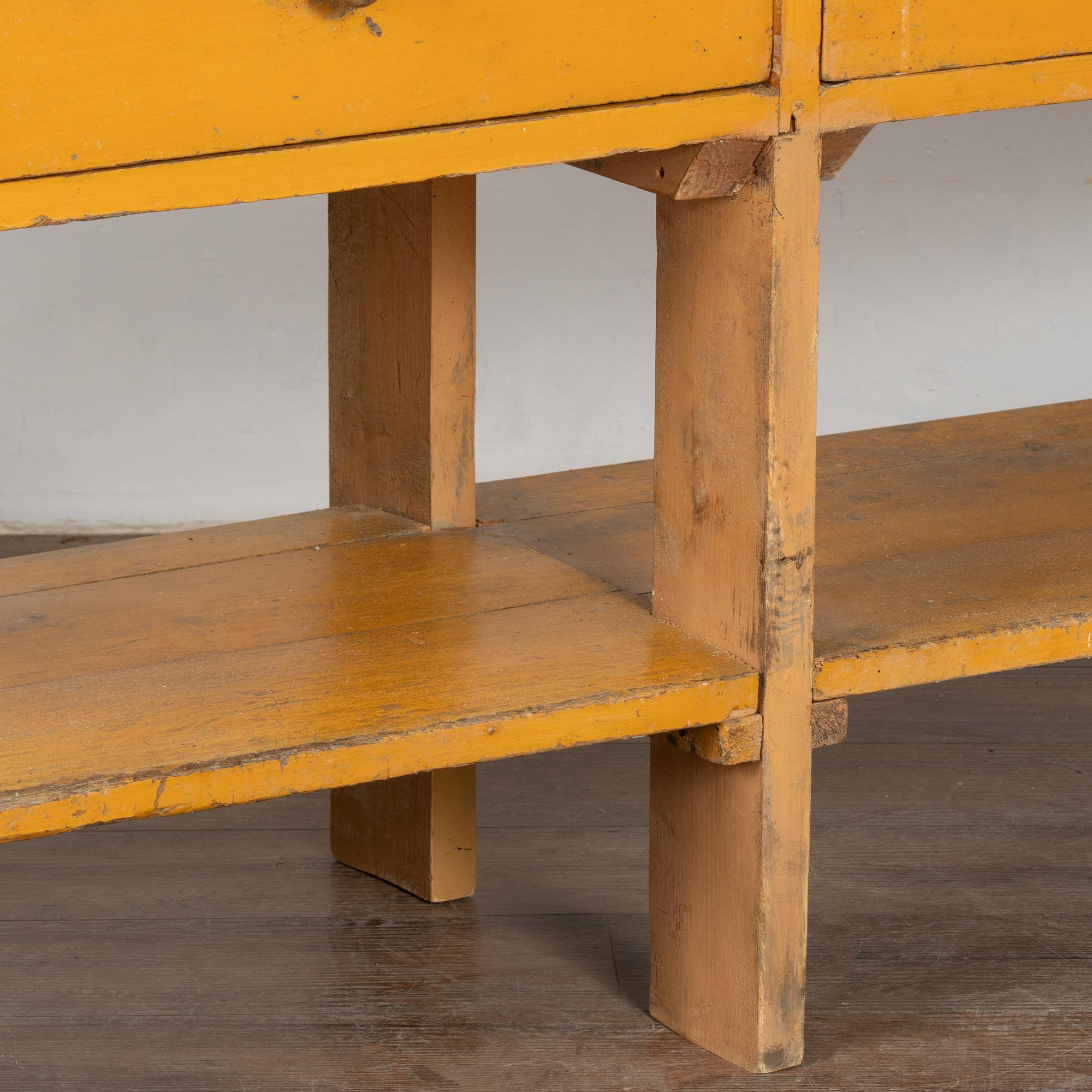 Long Yellow Painted Work Table with Four Drawers and Shelf, Hungary circa 1890 5