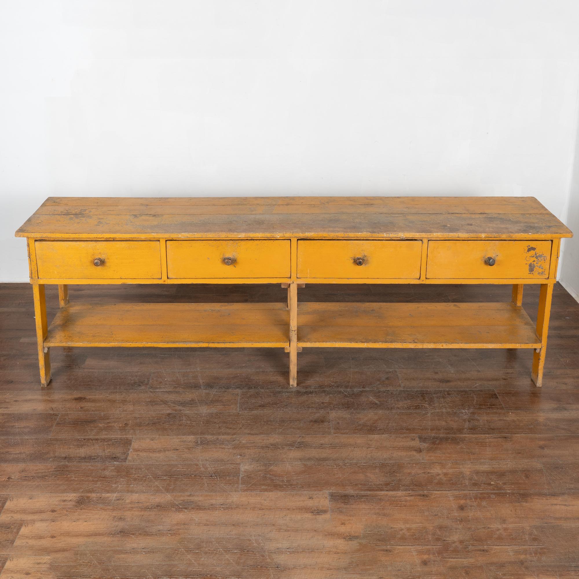 Long Yellow Painted Work Table with Four Drawers and Shelf, Hungary circa 1890 In Fair Condition In Round Top, TX