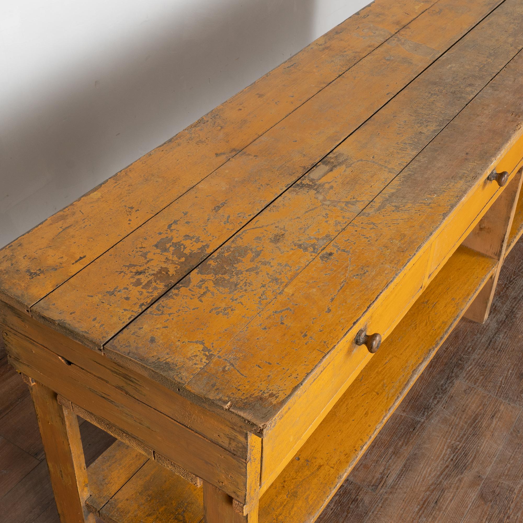 19th Century Long Yellow Painted Work Table with Four Drawers and Shelf, Hungary circa 1890