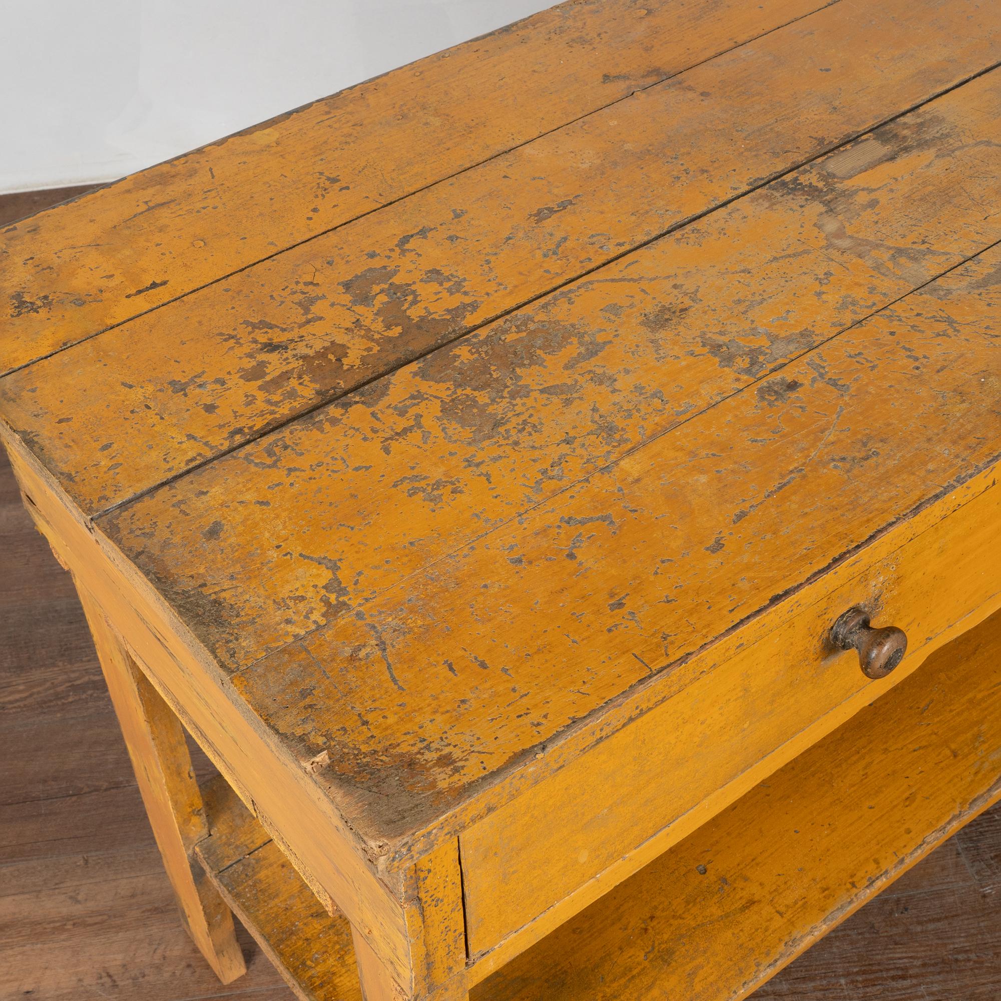 Pine Long Yellow Painted Work Table with Four Drawers and Shelf, Hungary circa 1890