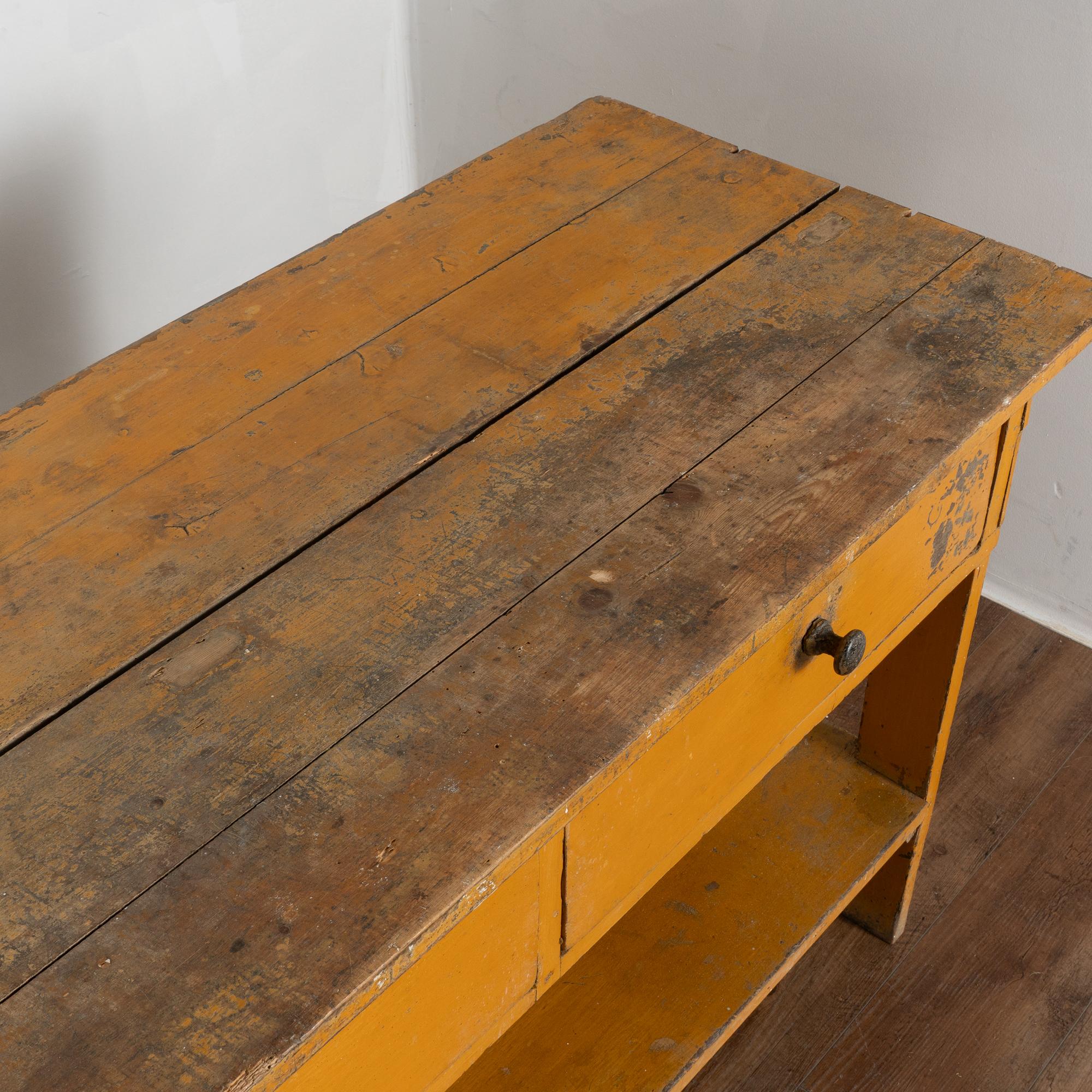 Long Yellow Painted Work Table with Four Drawers and Shelf, Hungary circa 1890 1