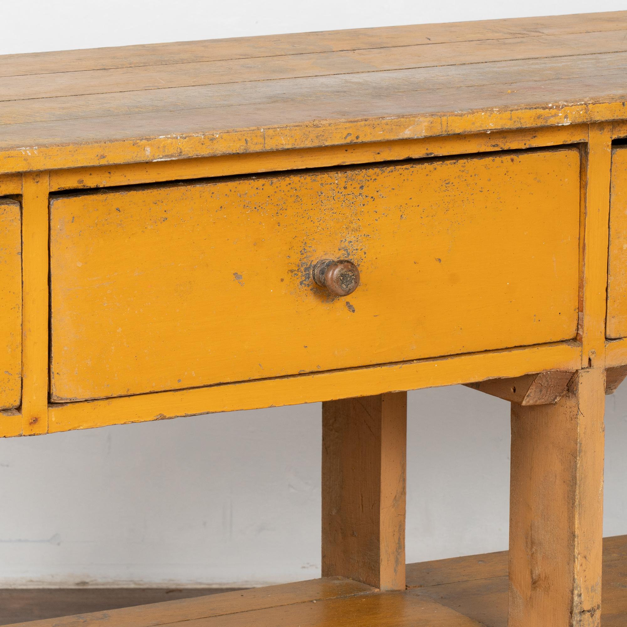 Long Yellow Painted Work Table with Four Drawers and Shelf, Hungary circa 1890 2