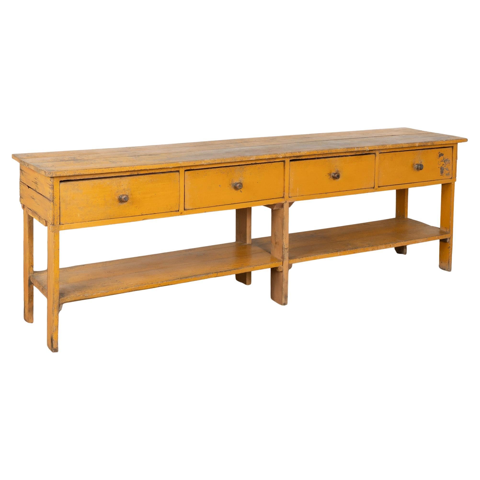 Long Yellow Painted Work Table with Four Drawers and Shelf, Hungary circa 1890