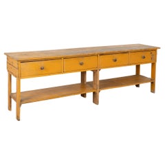 Long Yellow Painted Work Table with Four Drawers and Shelf, Hungary circa 1890