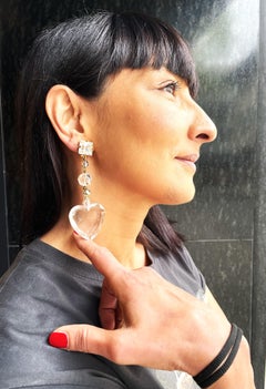 Long Yves Saint Laurent clip earrings, large cut heart and crystal balls. 1990s