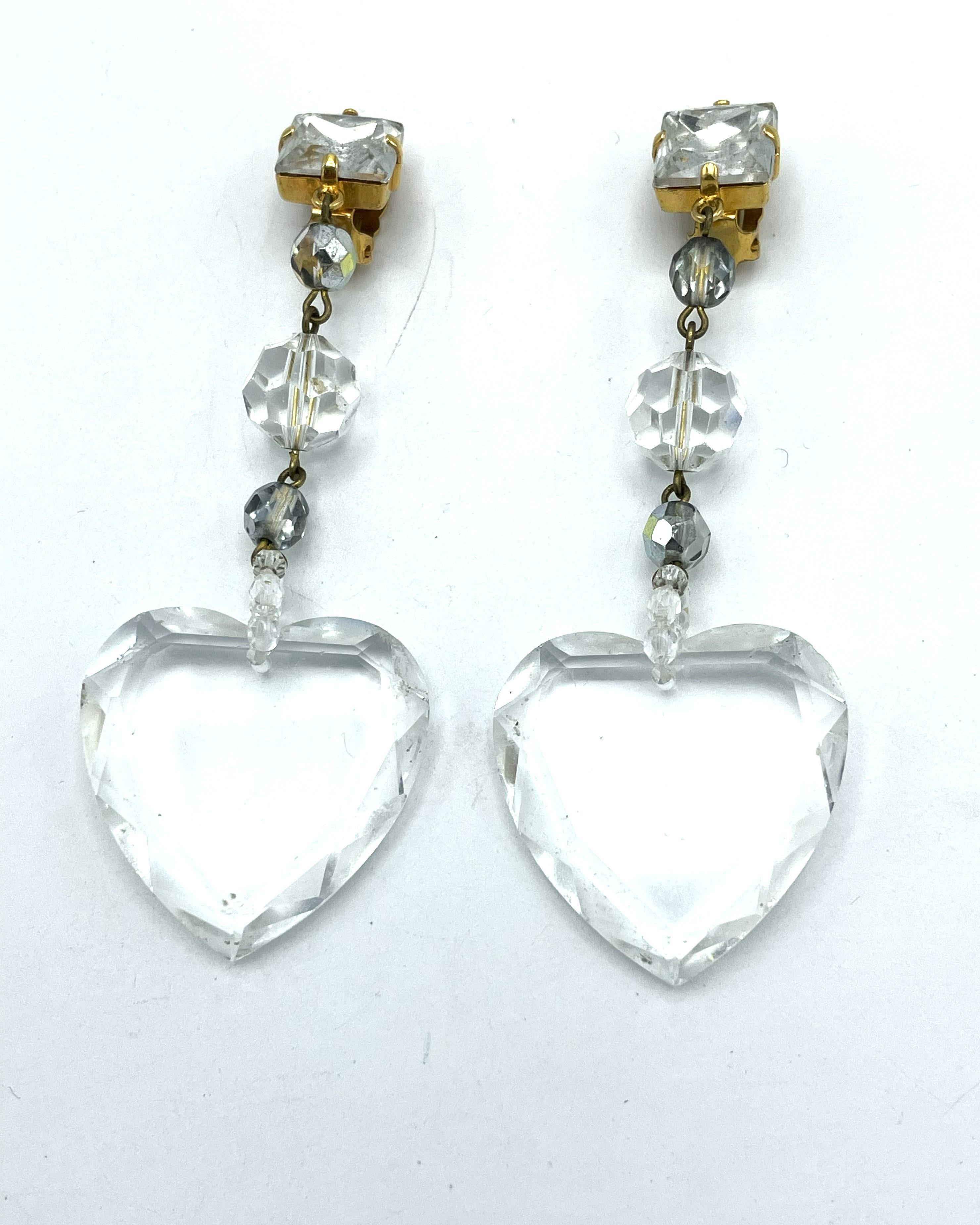 Romantic Long Yves Saint Laurent clip earrings, large cut heart and crystal balls. 1990s For Sale