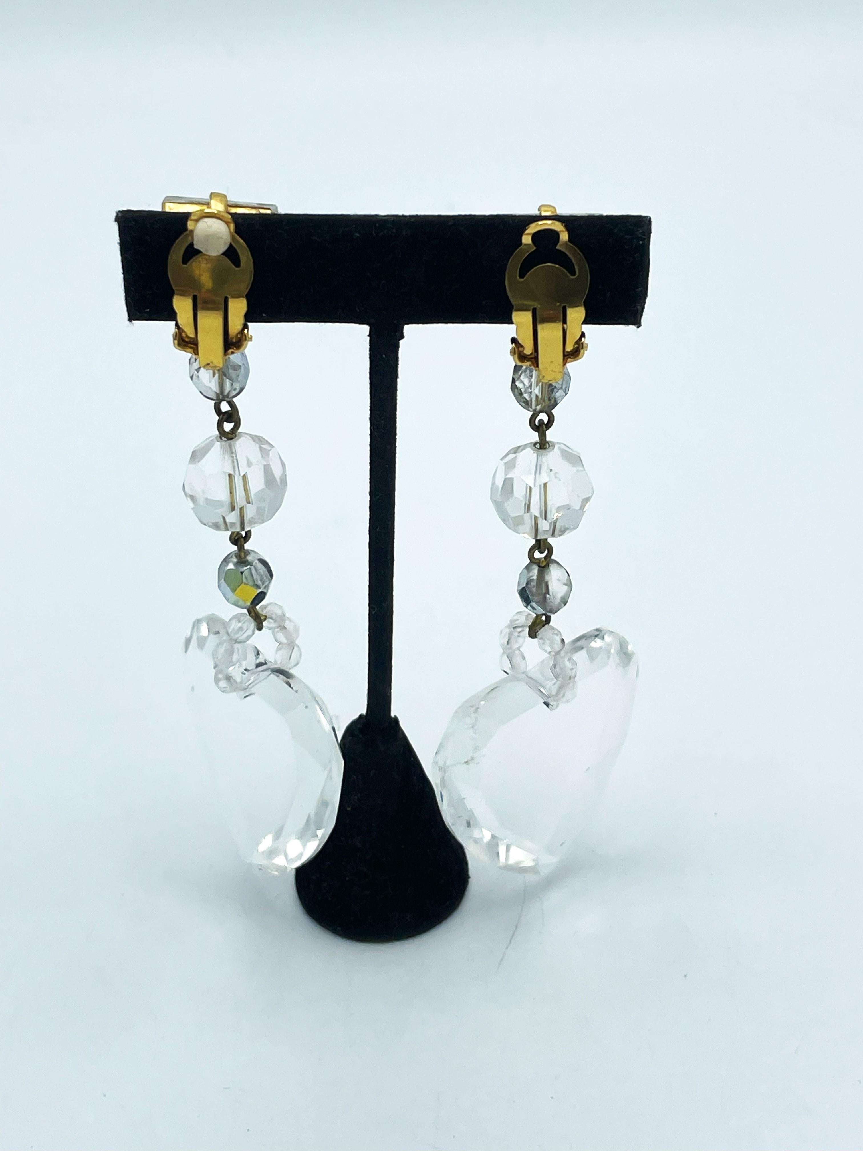 Women's Long Yves Saint Laurent clip earrings, large cut heart and crystal balls. 1990s For Sale