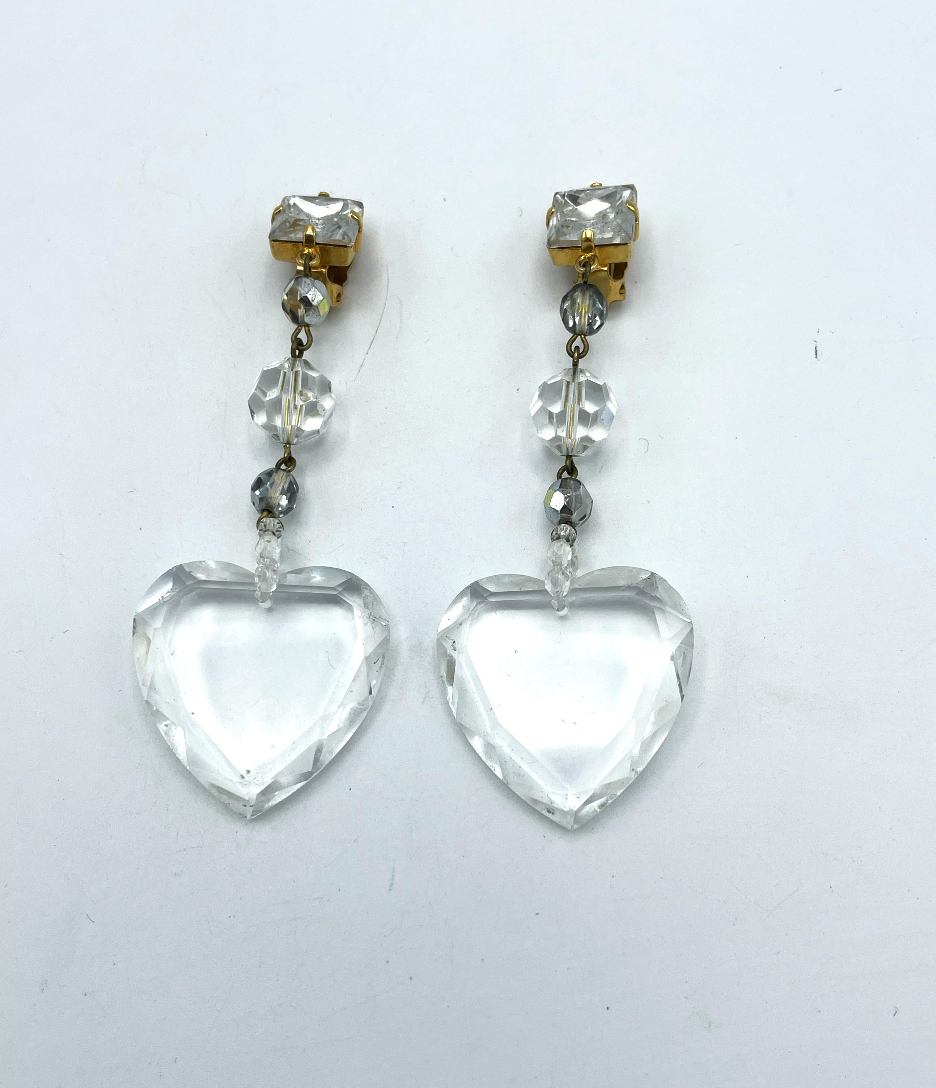 Long Yves Saint Laurent clip earrings, large cut heart and crystal balls. 1990s For Sale 1