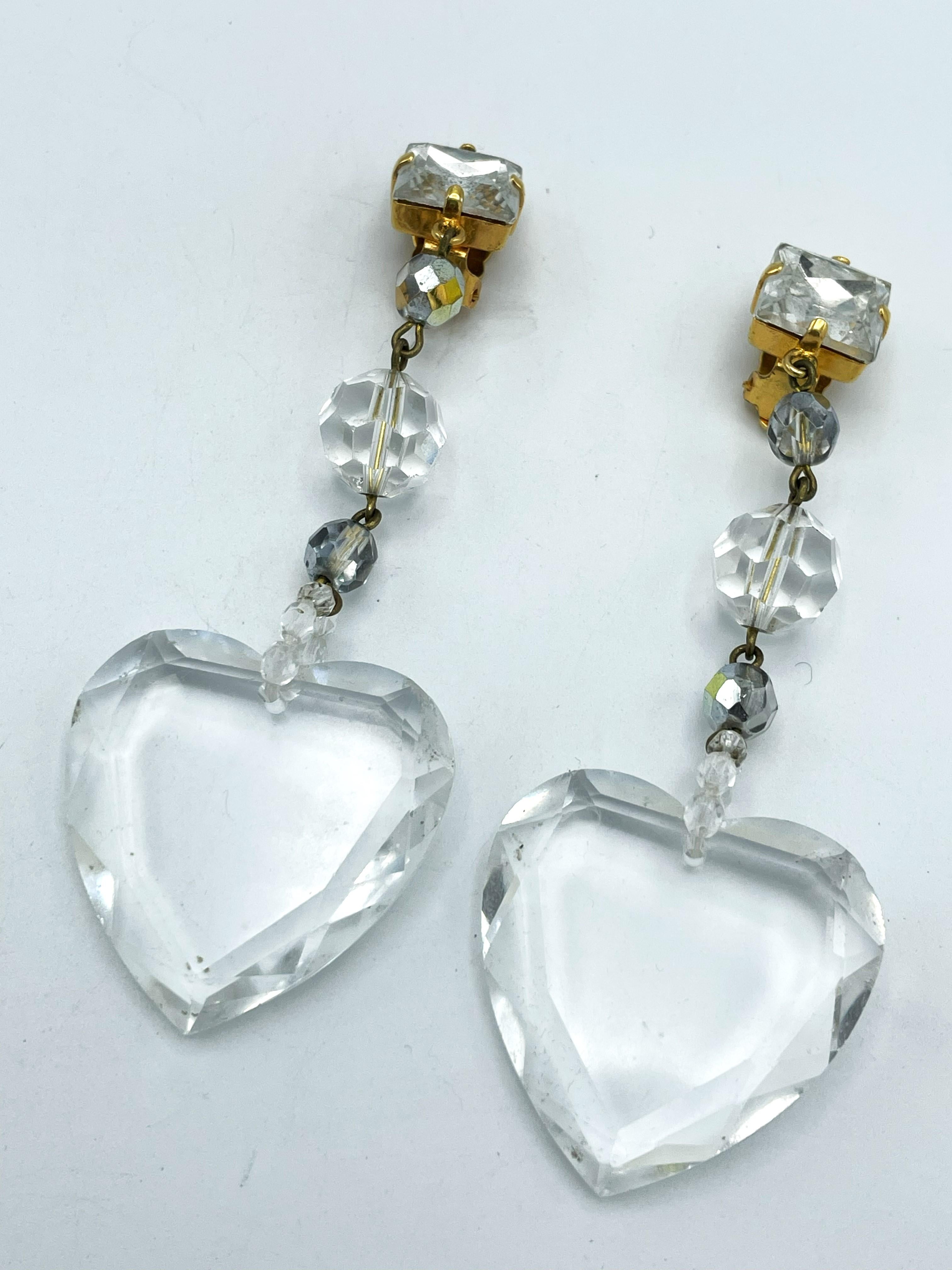 Long Yves Saint Laurent clip earrings, large cut heart and crystal balls. 1990s For Sale 3