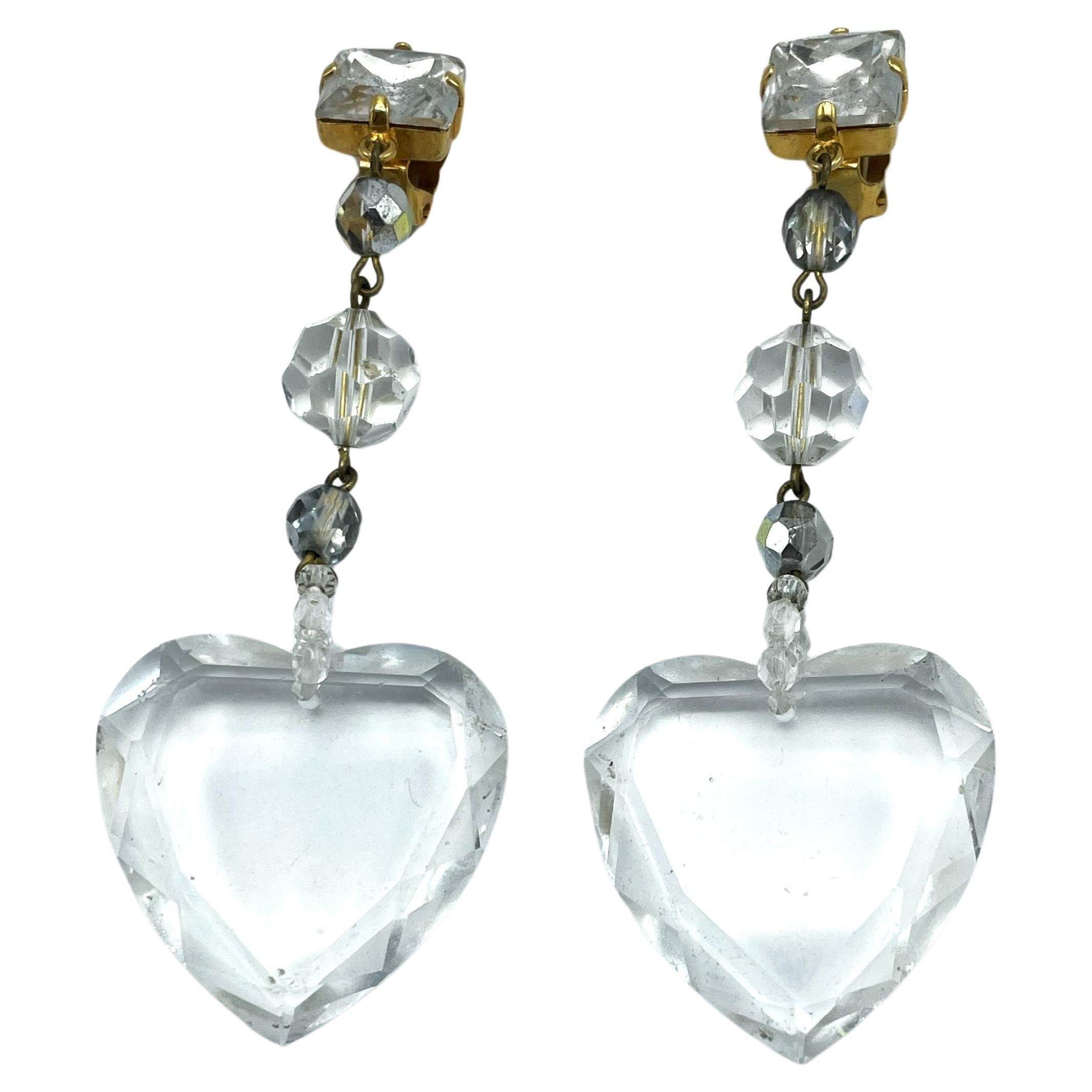 Long Yves Saint Laurent clip earrings, large cut heart and crystal balls. 1990s For Sale
