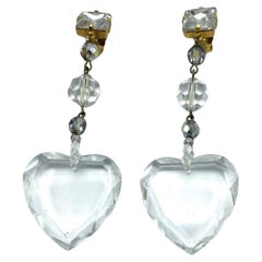 Vintage Long Yves Saint Laurent clip earrings, large cut heart and crystal balls. 1990s