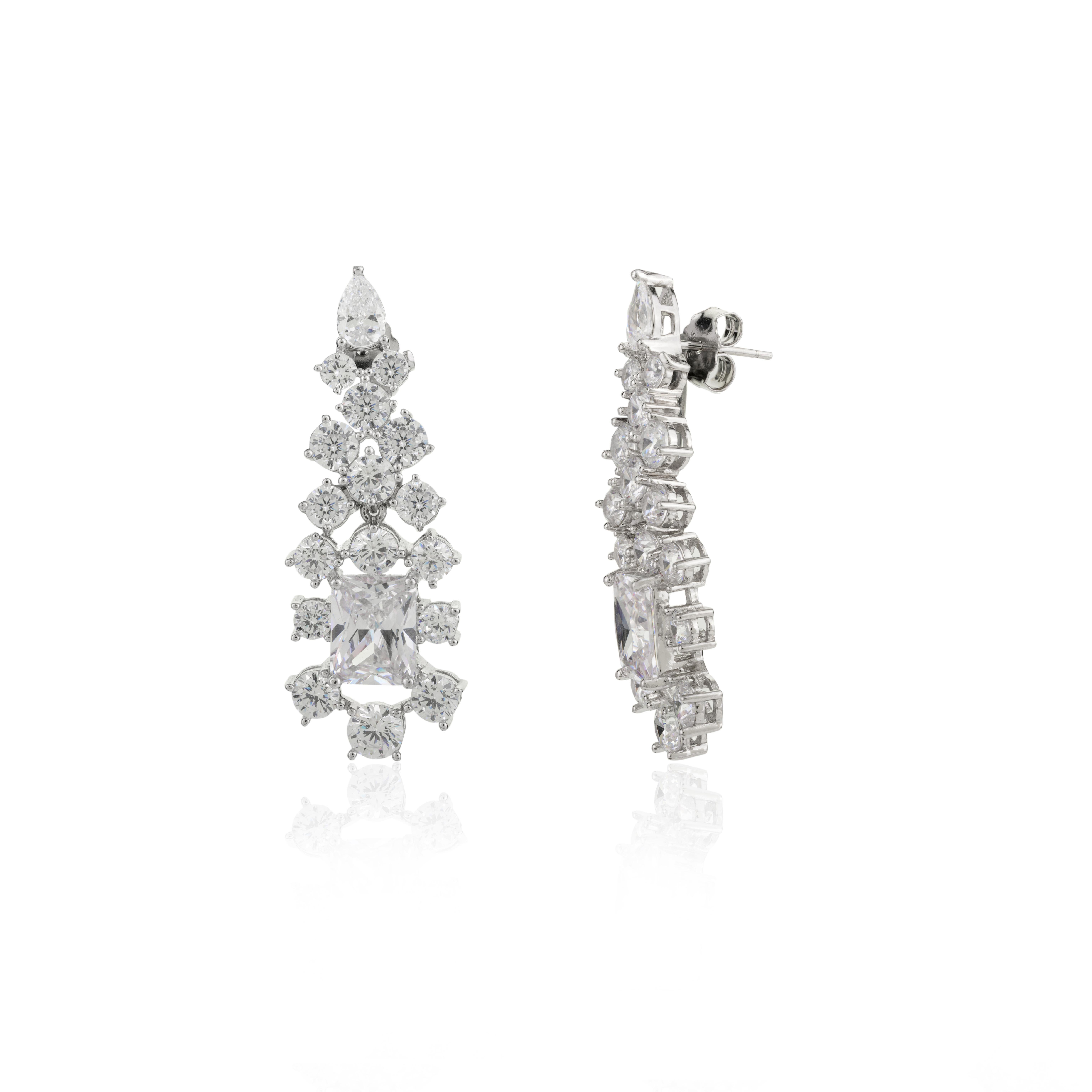 Modernist Long Zircon Partywear Dangle Earrings in 925 Sterling Silver for Engagement For Sale