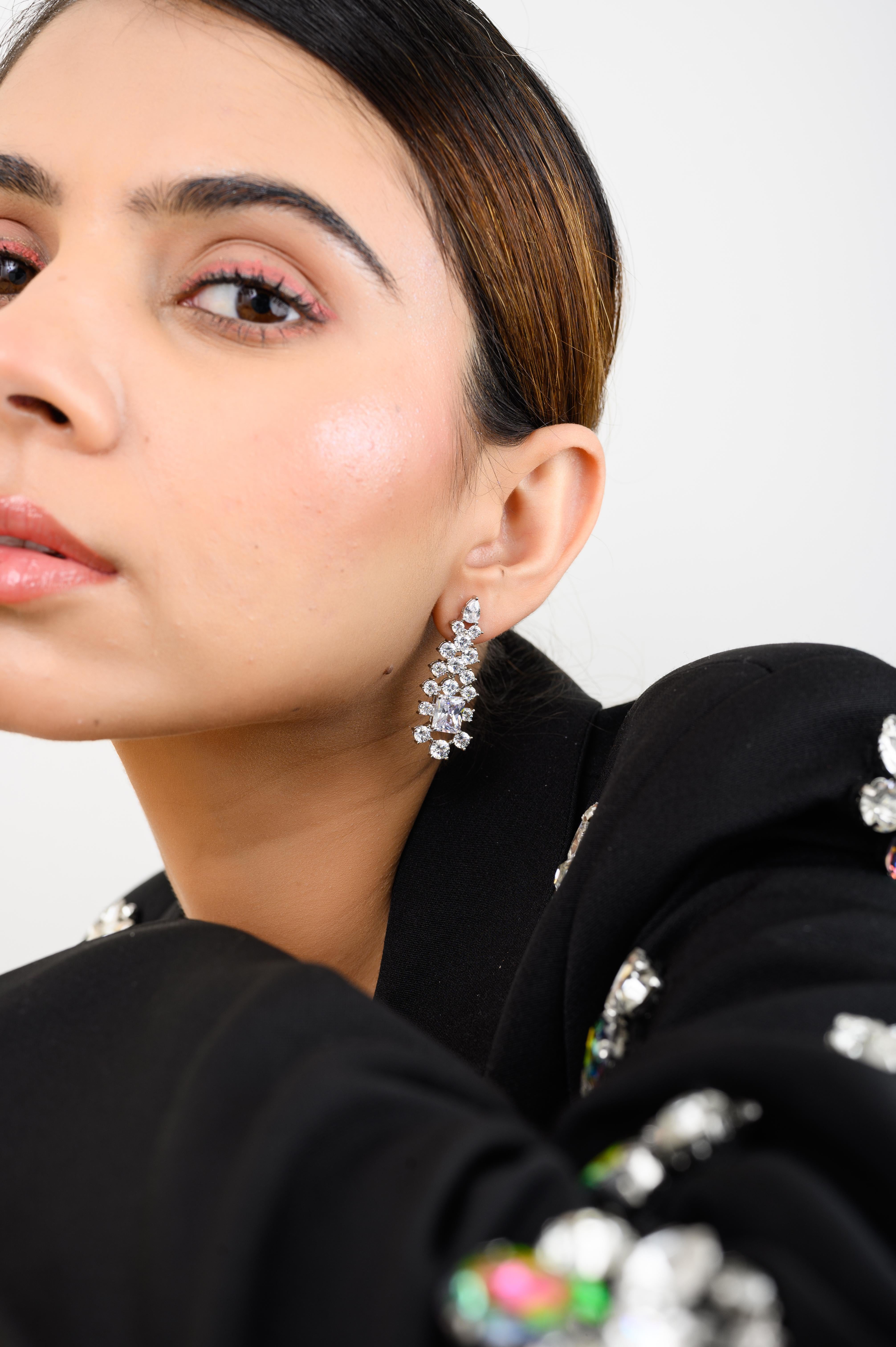 Mixed Cut Long Zircon Partywear Dangle Earrings in 925 Sterling Silver for Engagement For Sale