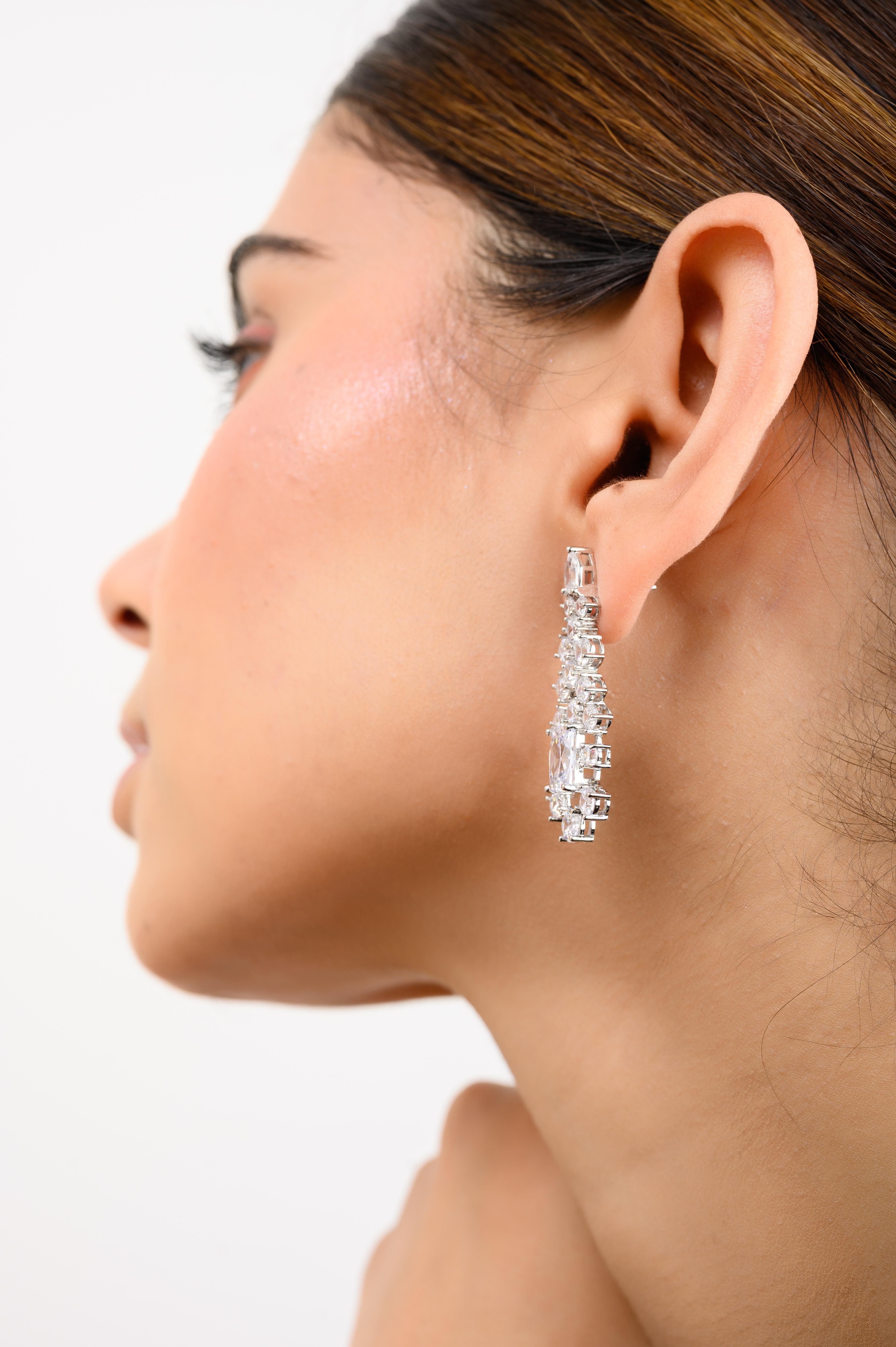 Women's Long Zircon Partywear Dangle Earrings in 925 Sterling Silver for Engagement For Sale