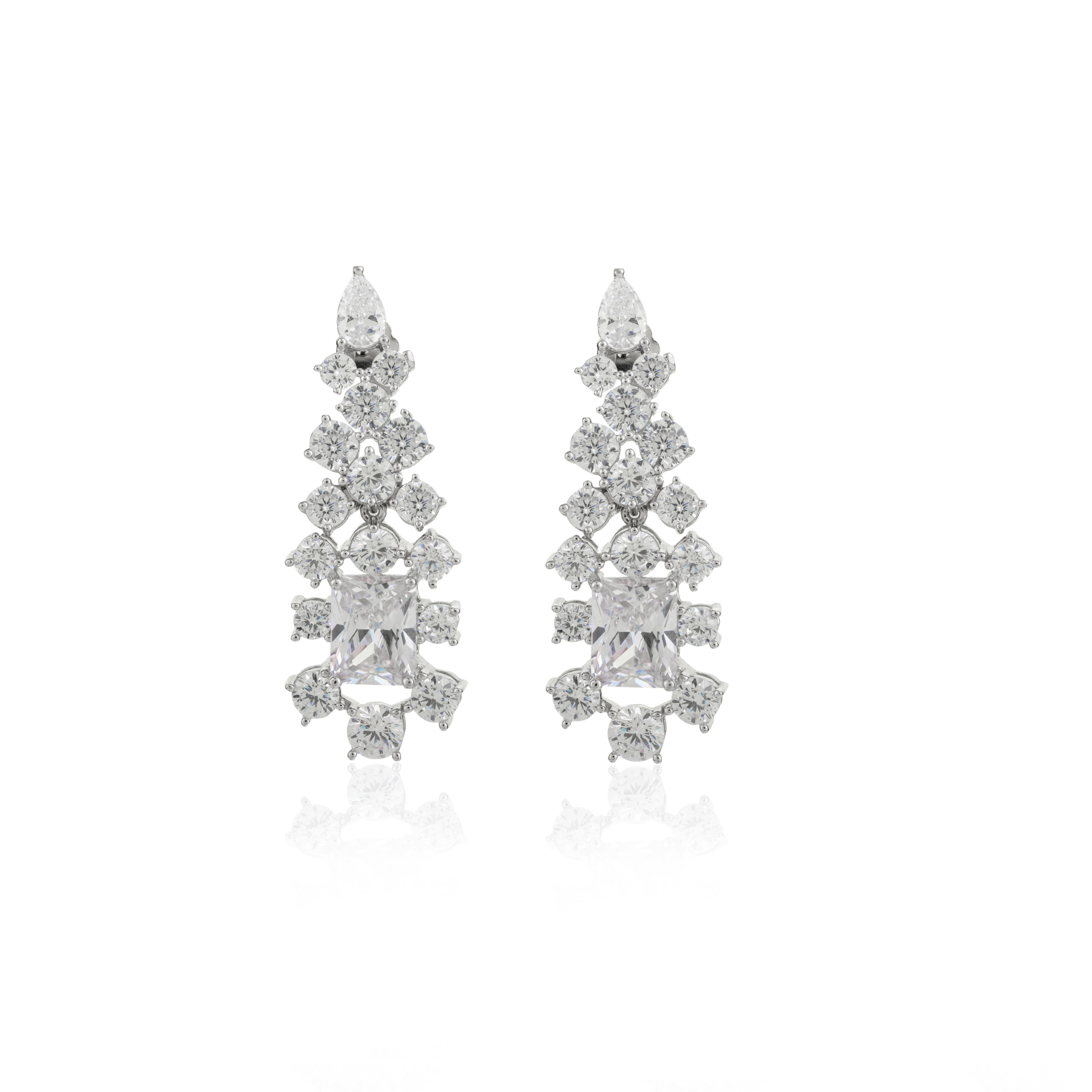 Long Zircon Partywear Dangle Earrings in 925 Sterling Silver for Engagement For Sale 1