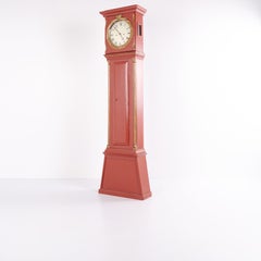 Longcase Clock/Bornholm Clock Red Painted With Carved Details From 1820s