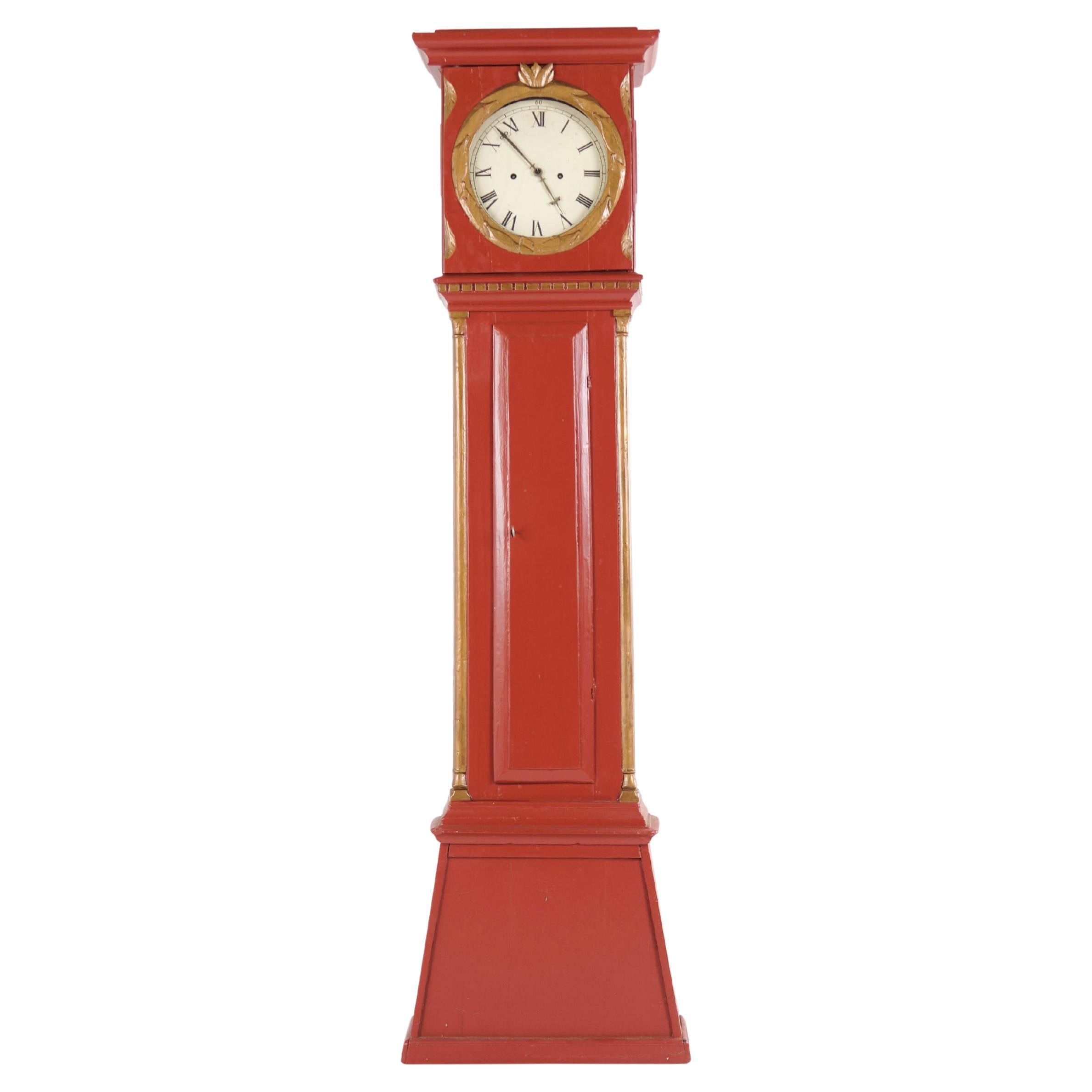 Longcase Clock/Bornholm Clock Red Painted With Carved Details From 1820s