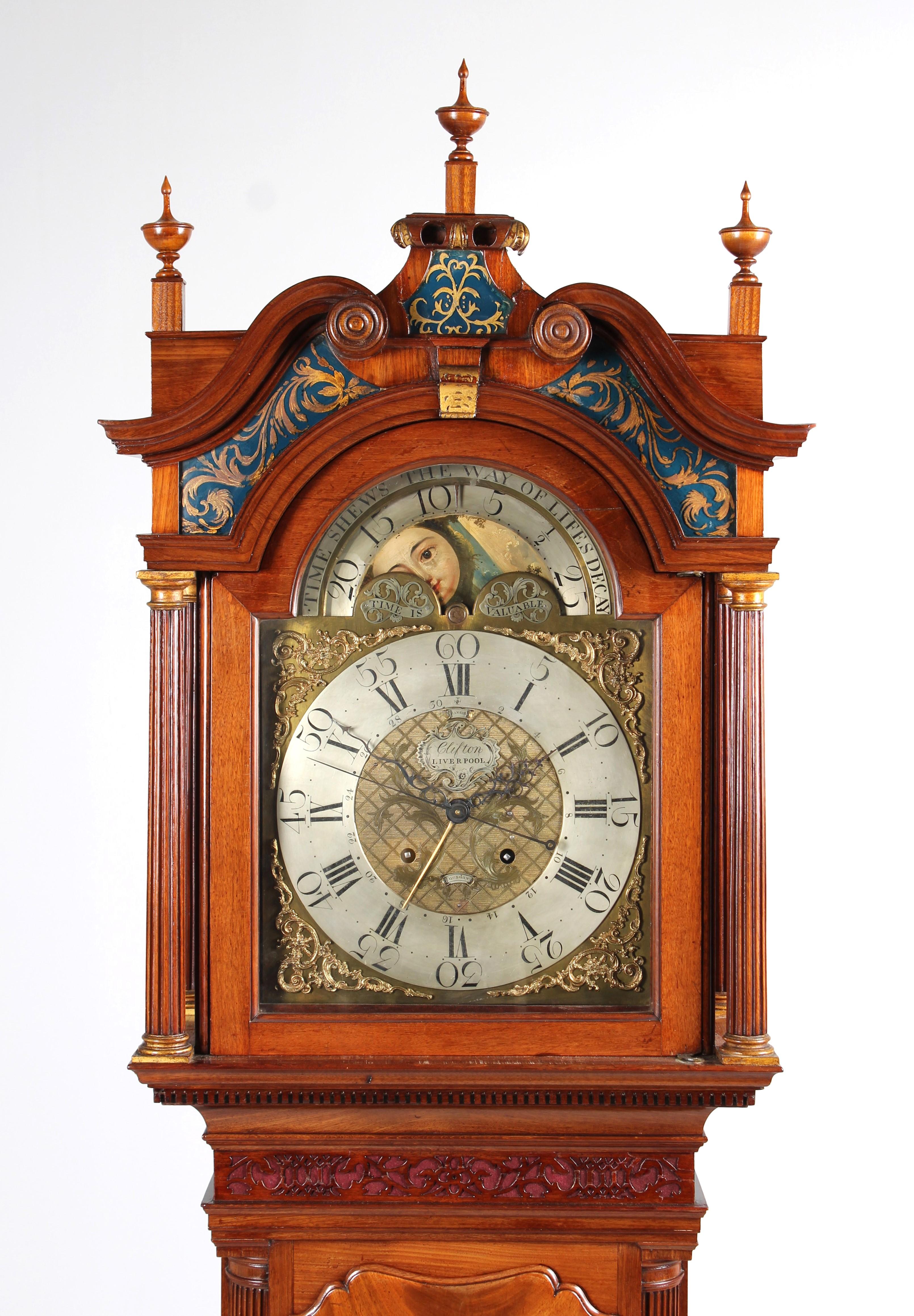 Antique grandfather clock with date, moon phase and central second hand

Liverpool
Mahogany
around 1785

Dimensions: H x W x D: 246 x 53 x 26 cm

Description:
Antique Lancashire longcase clock from the late 18th century with a particularly