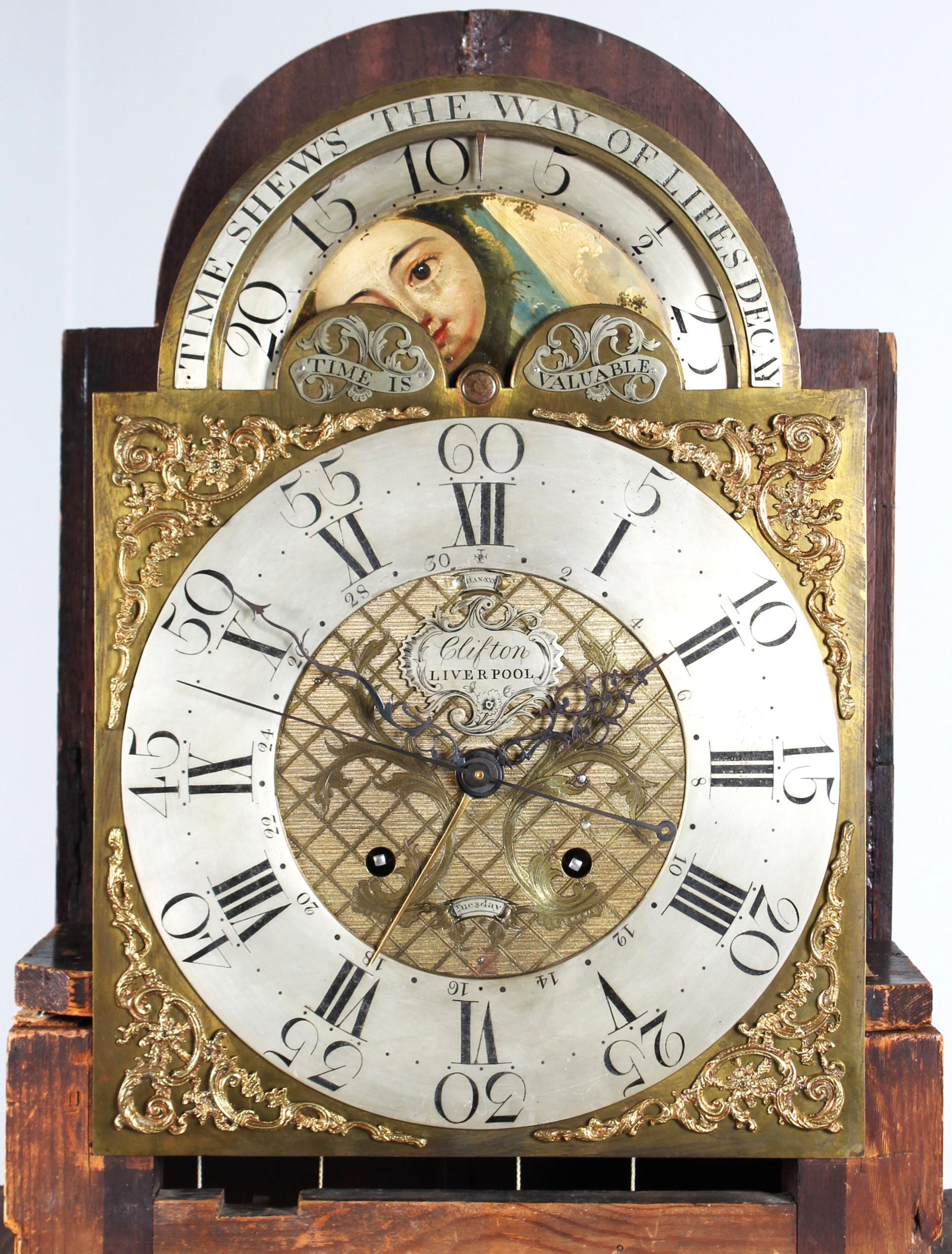 Louis XVI Longcase Clock, Moonphases, Date and Seconds, John Clifton Liverpool, circa 1785 For Sale