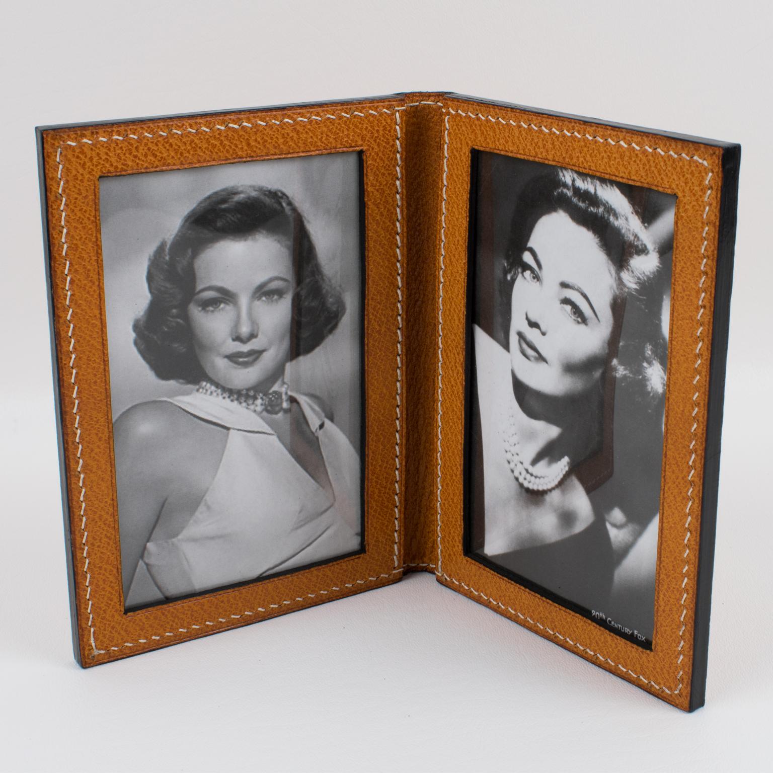 Mid-20th Century Longchamp 1940s Stitched Leather Double View Picture Frame