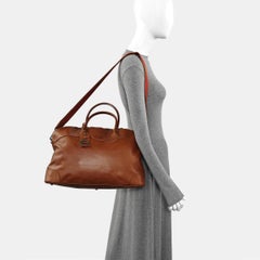 Longchamp Au Sultan Weekender Brown Leather Top Handle Travel Bag Canvas Strap