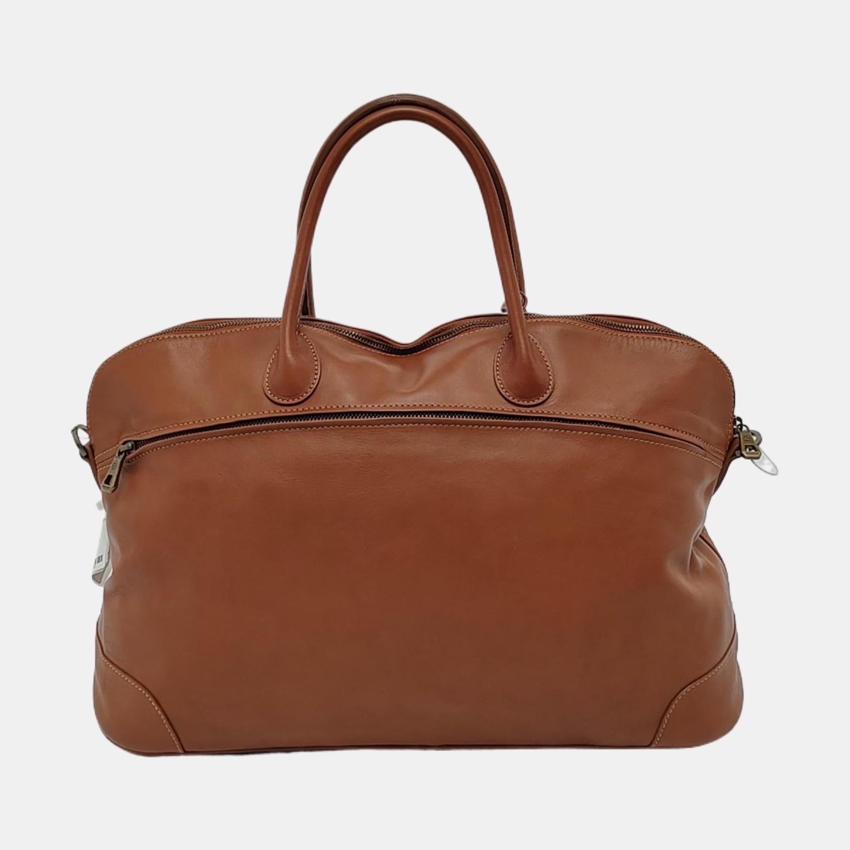 Marron Longchamp Au Sultan Weekender Brown Sac de voyage en cuir avec bandoulière en toile en vente