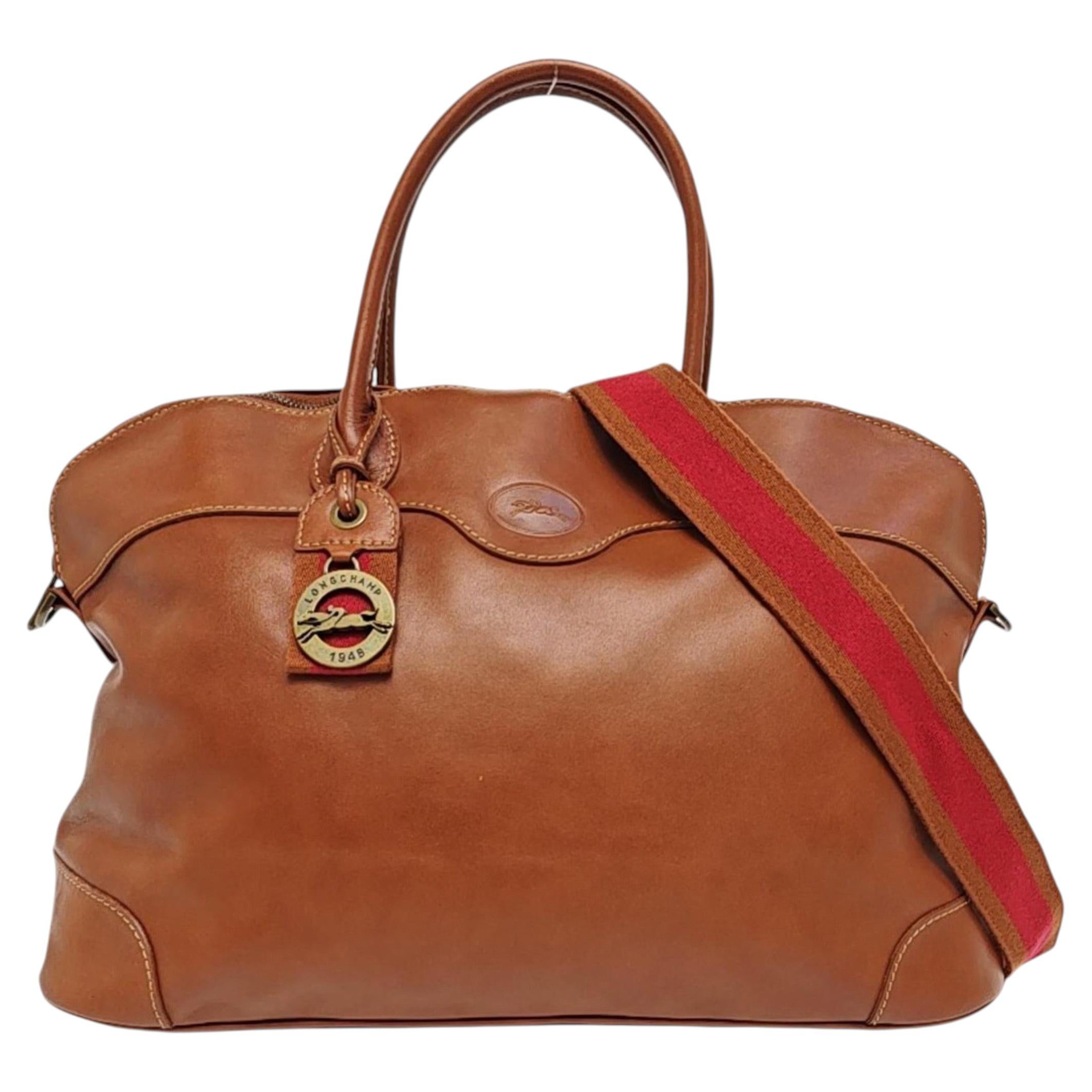Longchamp Au Sultan Weekender Bolso de viaje de asa superior de piel marrón Correa de lona