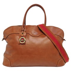 Longchamp Au Sultan Weekender Brown Leather Top Handle Travel Bag Canvas Strap