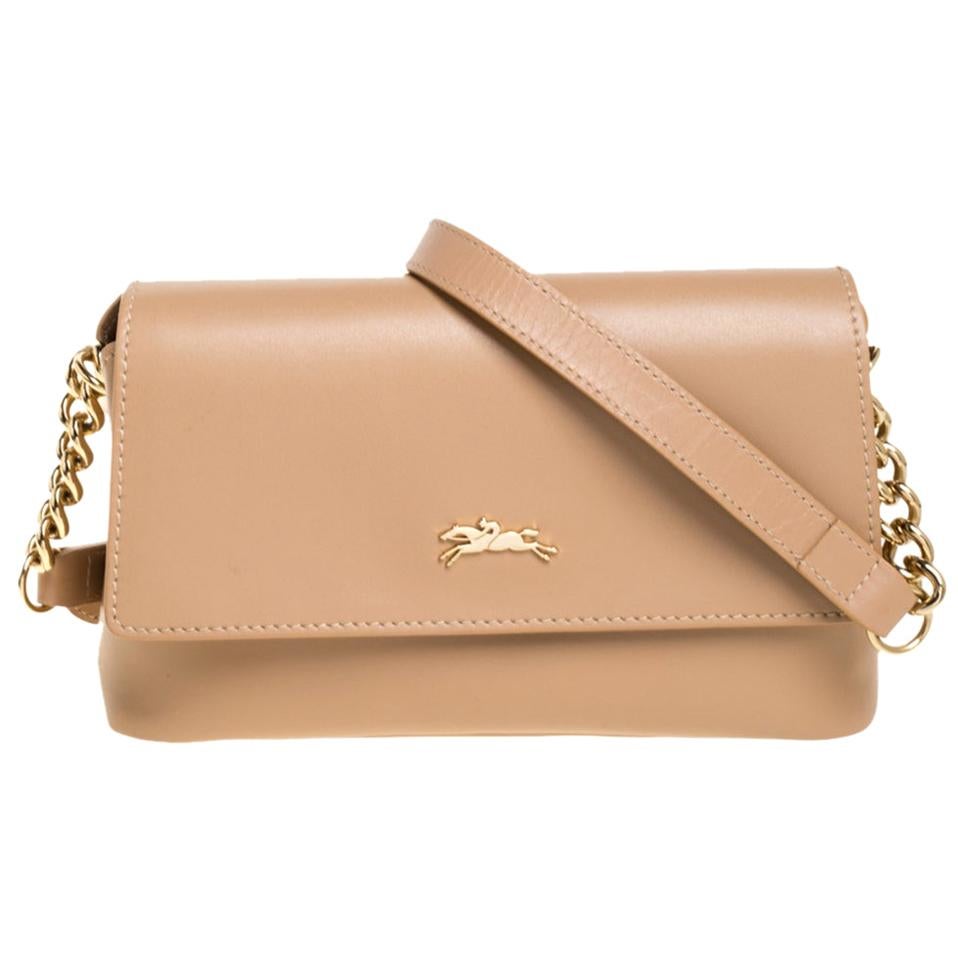 Longchamp Beige Leather Flap Crossbody Bag