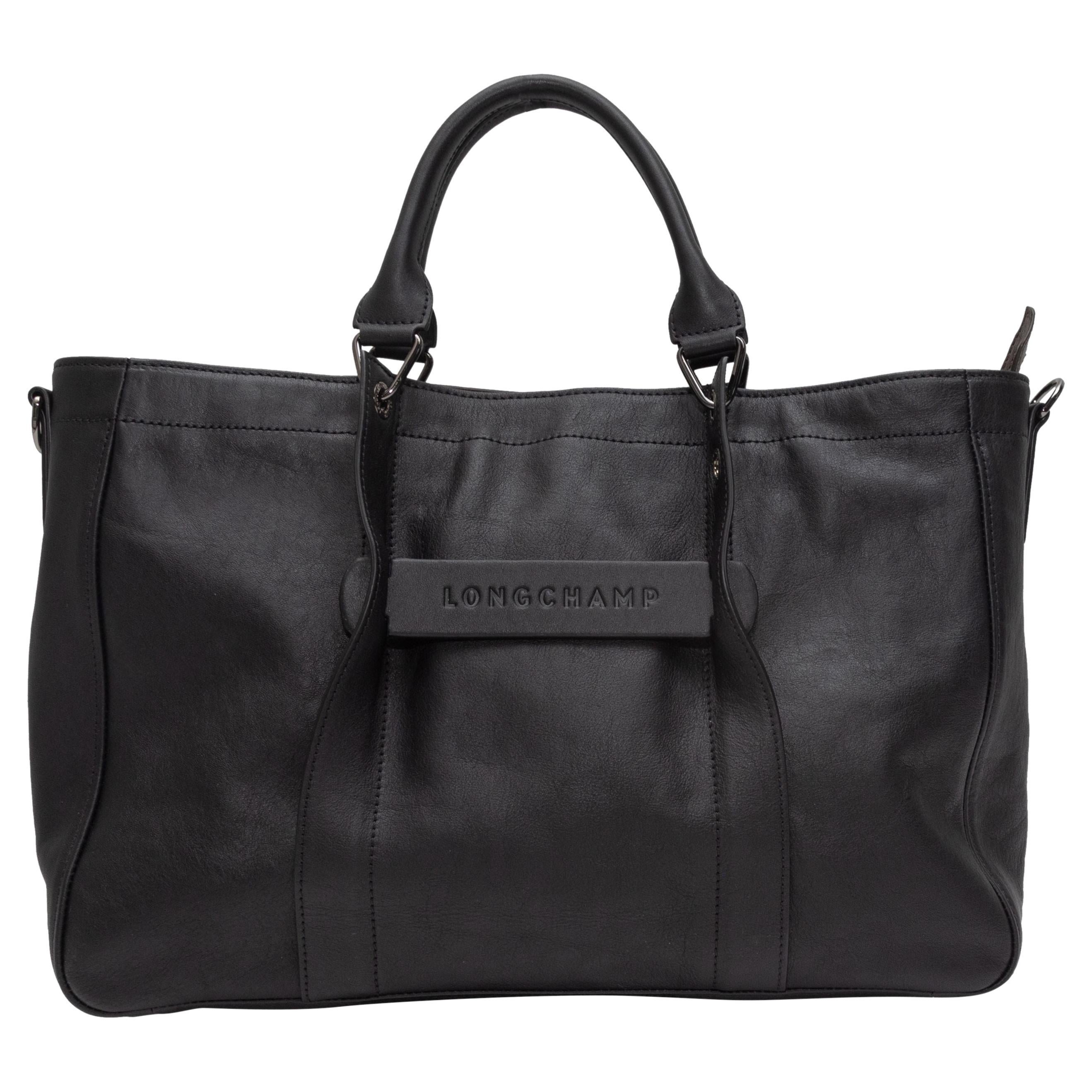 Longchamp Black Leather Top Handle Tote Bag