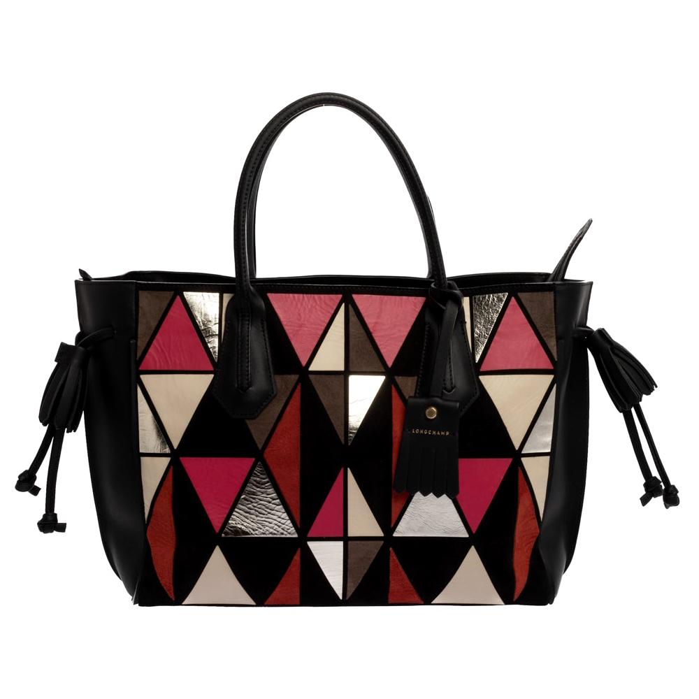 Longchamp Black/Multicolor Leather and Suede Medium Penelope Arty Tote