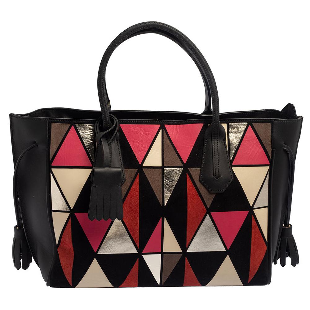 Longchamp Black/Multicolor Leather and Suede Medium Penelope Arty Tote