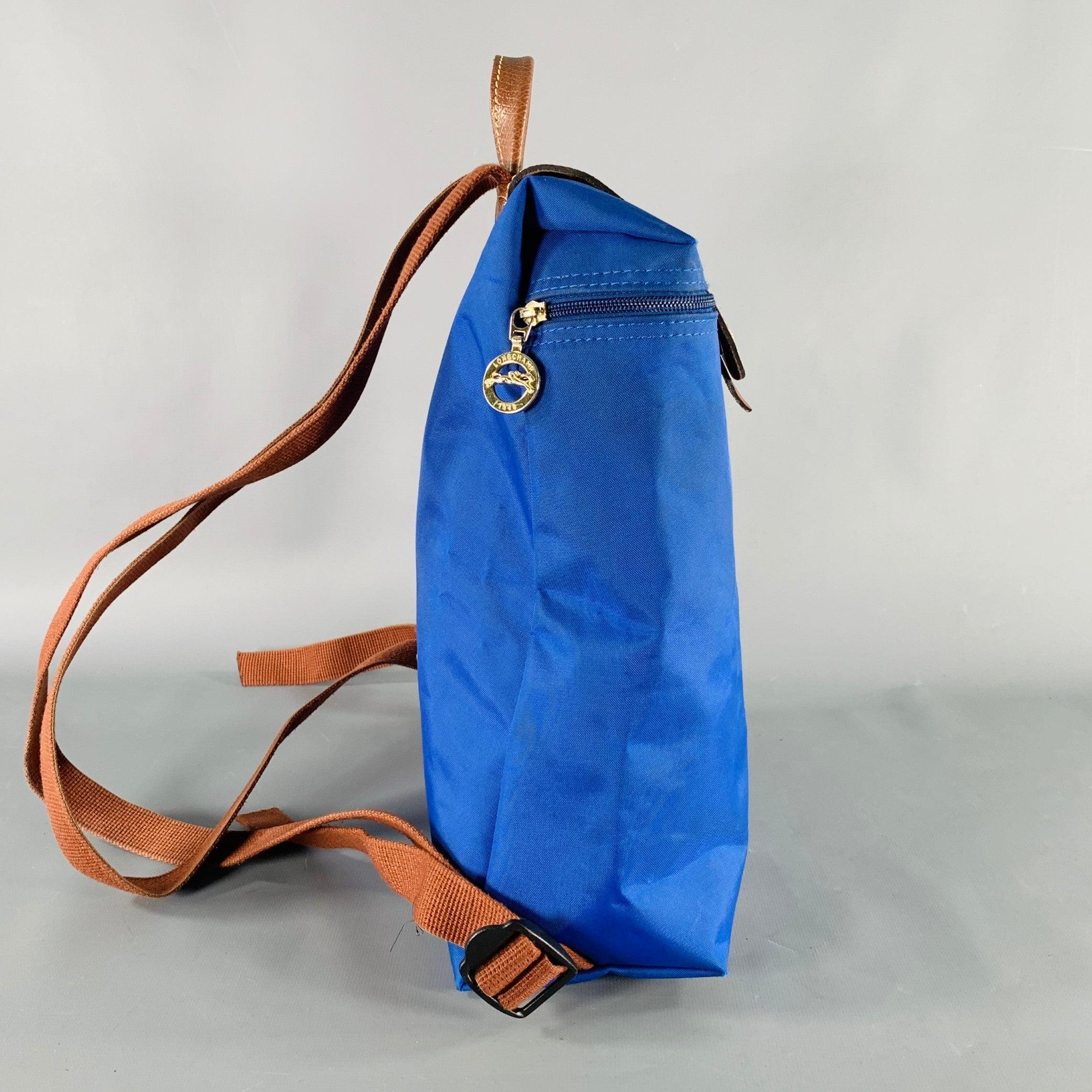 LONGCHAMP Blue Brown Mixed Materials Nylon Leather Backpack Handbag In Good Condition For Sale In San Francisco, CA