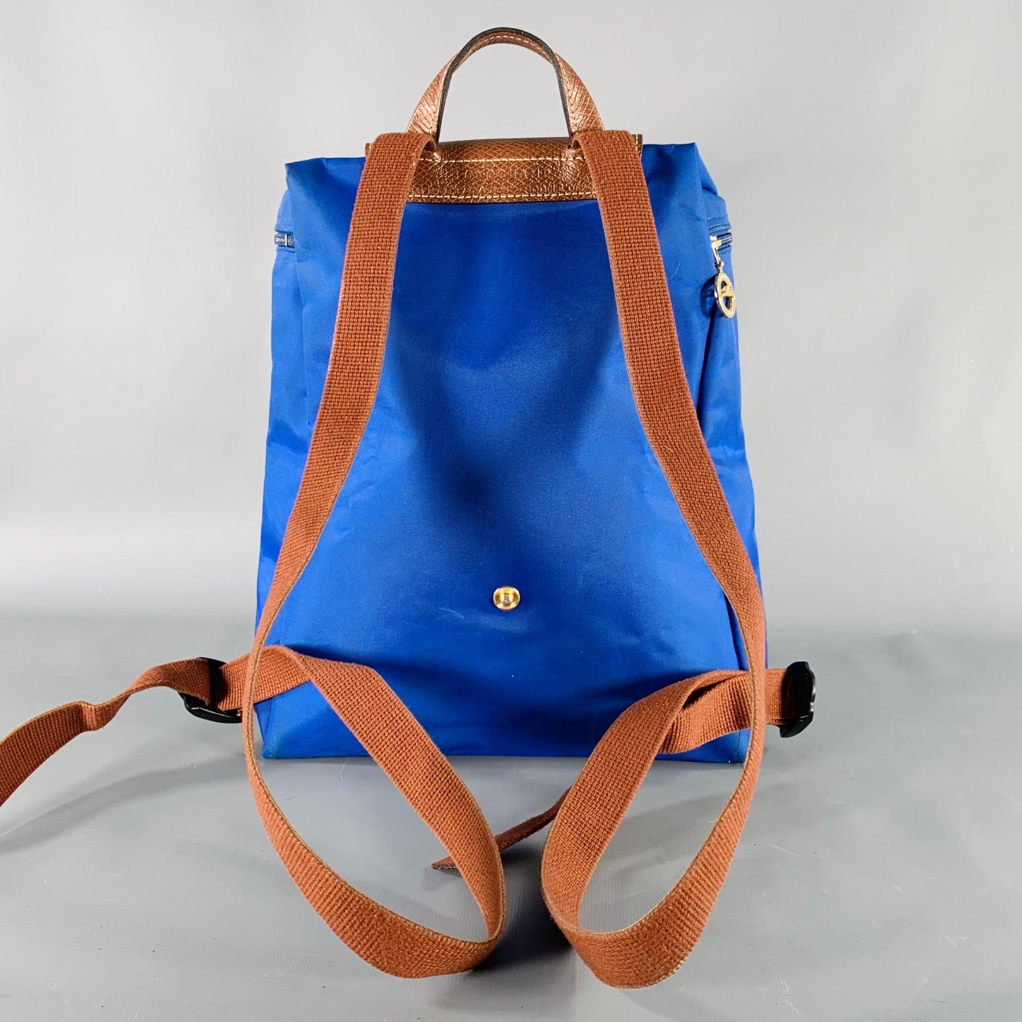 Men's LONGCHAMP Blue Brown Mixed Materials Nylon Leather Backpack Handbag For Sale