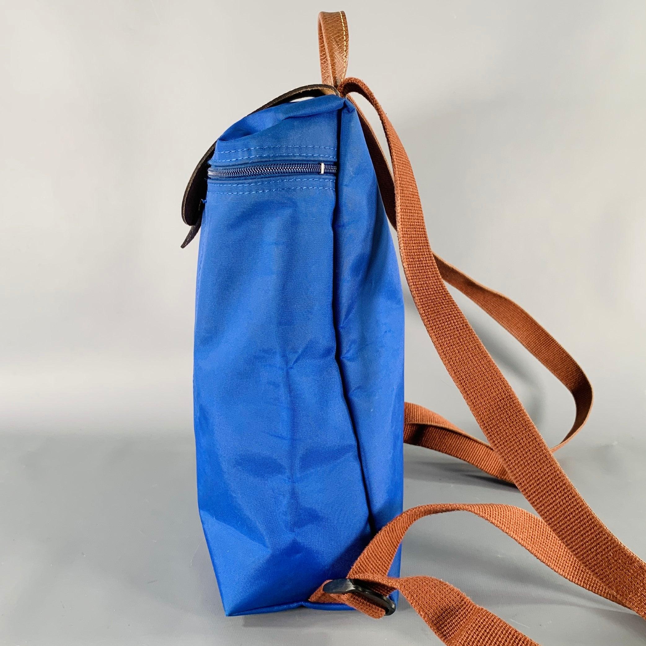 LONGCHAMP Blue Brown Mixed Materials Nylon Leather Backpack Handbag For Sale 1