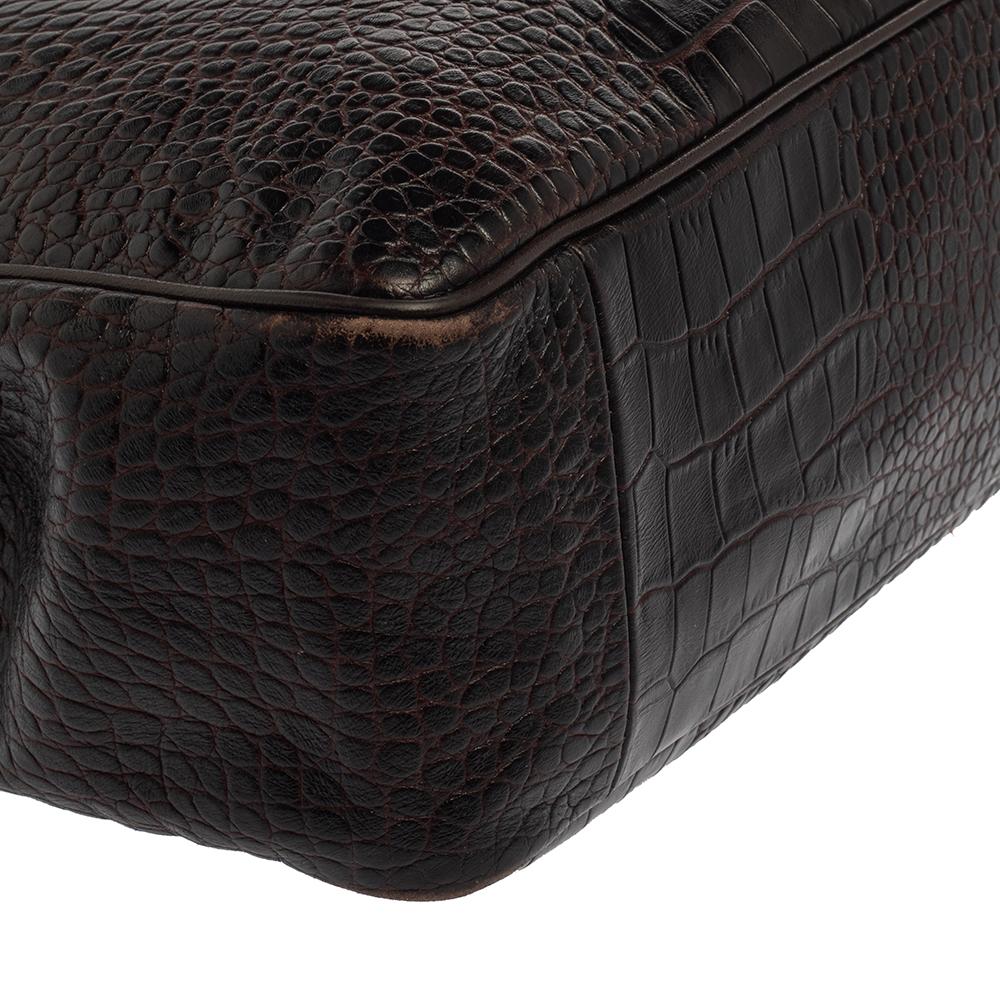 Longchamp Brown Glaze Croc Embossed Leather Roseau Tote In Good Condition In Dubai, Al Qouz 2