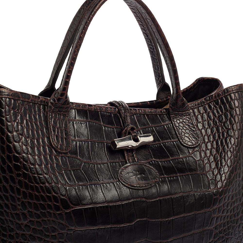 Women's Longchamp Brown Glaze Croc Embossed Leather Roseau Tote